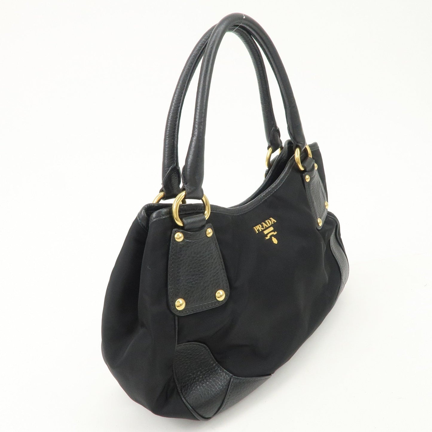 PRADA Nylon Leather Tote Bag Shoulder Bag Black Gold HDW BR4635