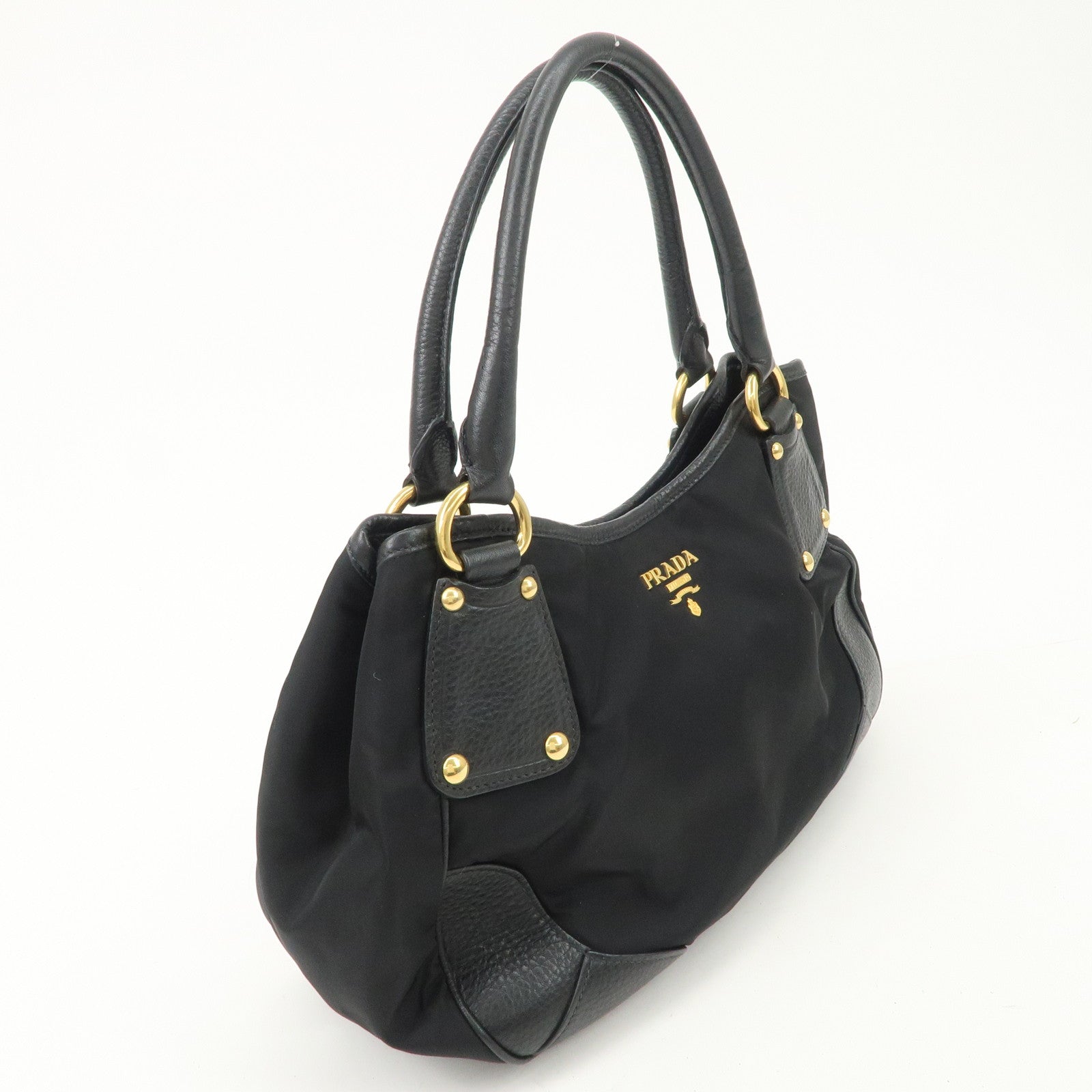 PRADA Nylon Leather Tote Bag Shoulder Bag Black Gold HDW BR4635