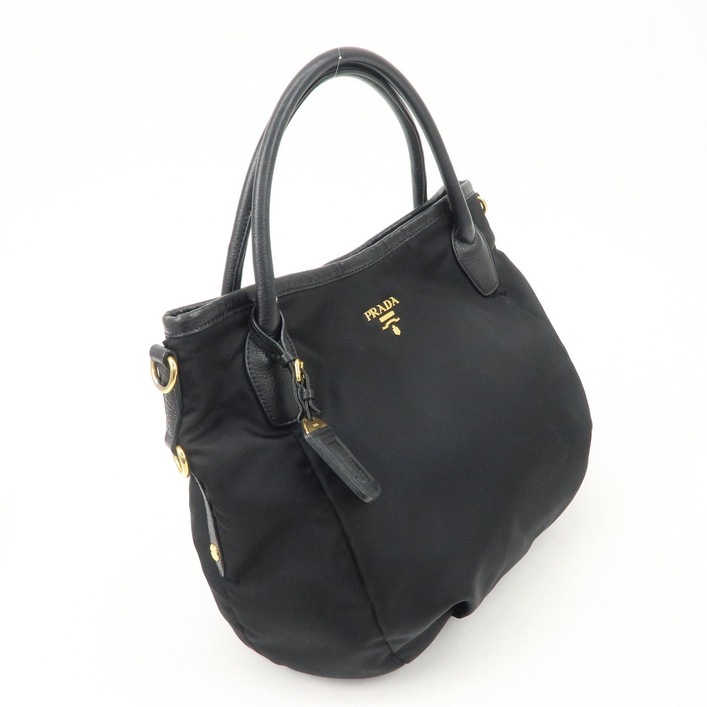 PRADA Logo Nylon Leather 2way Tote Bag Hand Bag Black Gold Hardware