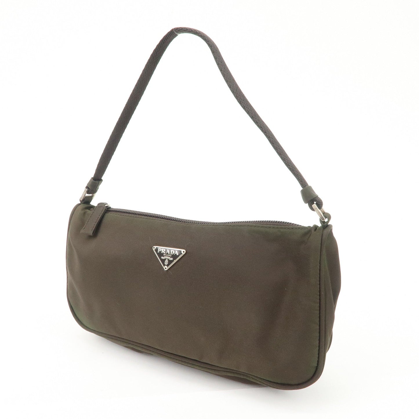 PRADA Triangle Logo Nylon Leather Accessory Pouch Hand Bag Khaki Silver HDW