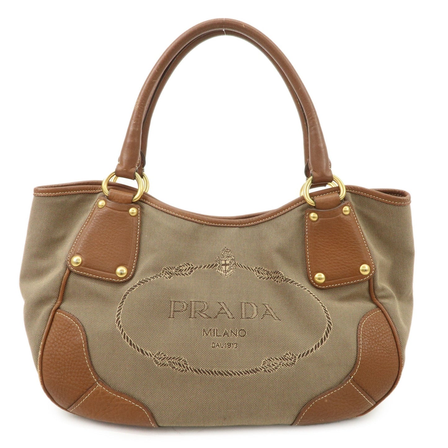 PRADA Logo Jacquard Leather Tote Bag Hand Bag Brown BR4635