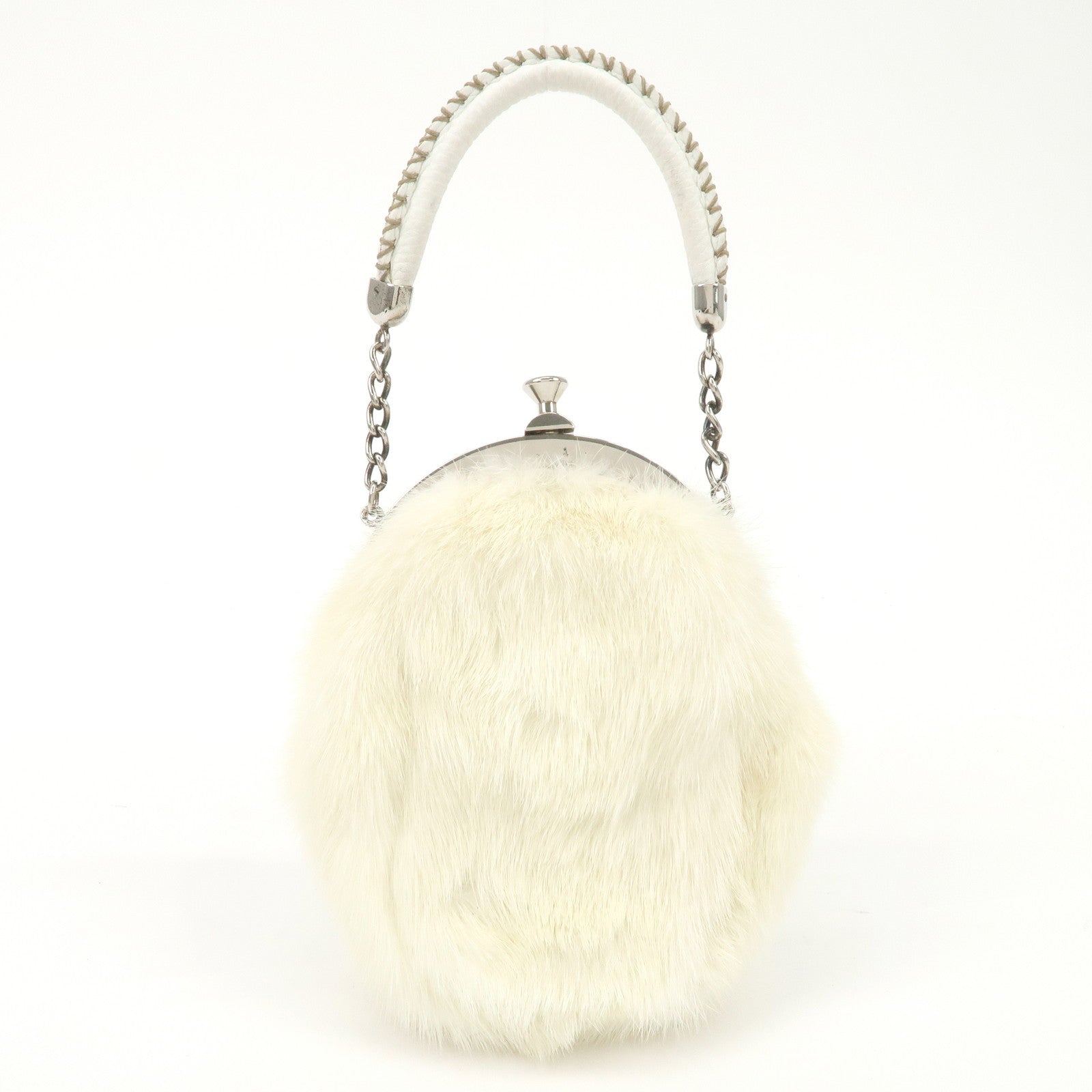 FENDI Seleria Leather Fur Flower Motif Kiss Lock Pouch Hand Bag 8BK048