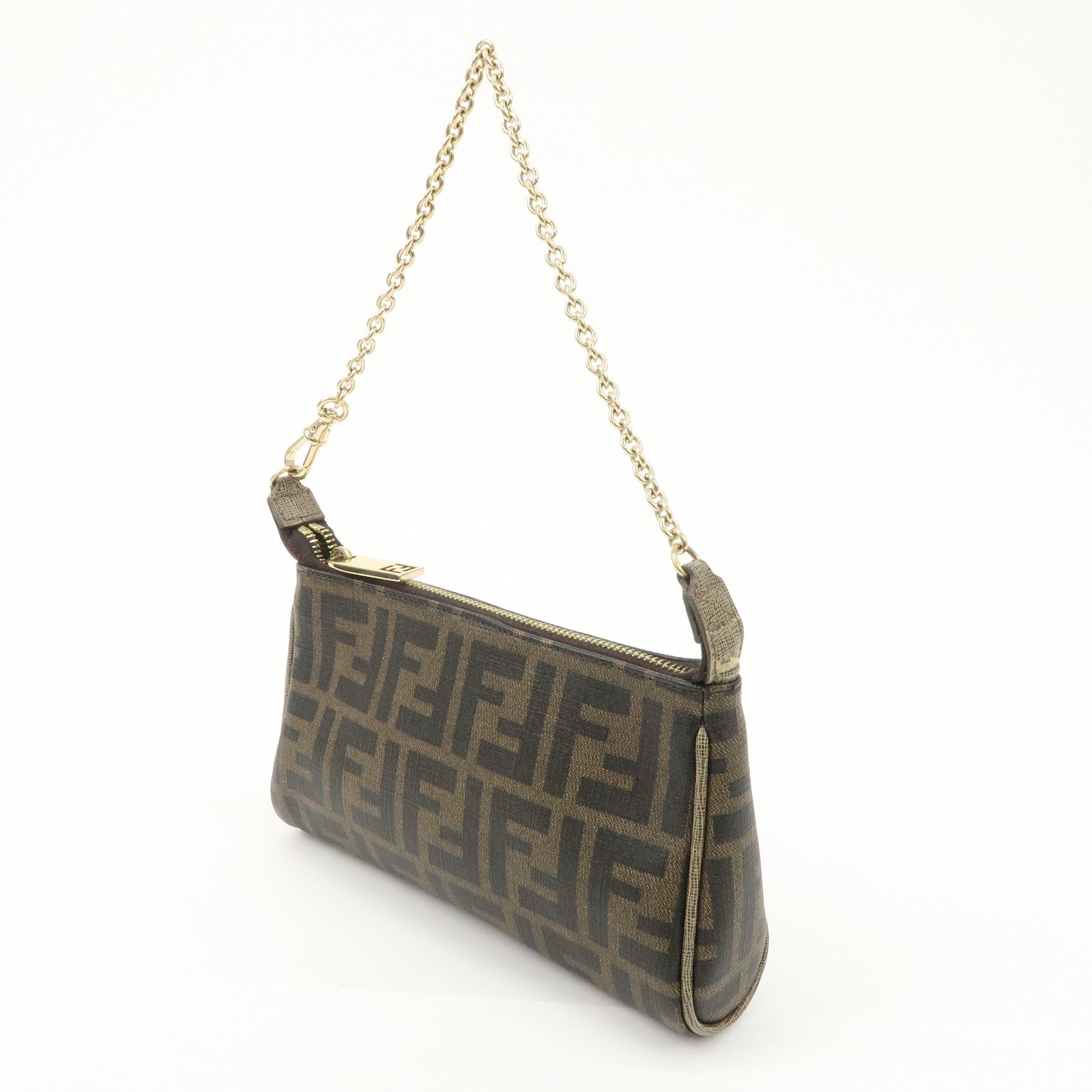 FENDI Zucca PVC Leather Chain Accessory Pouch Hand Bag Brown 8M0264