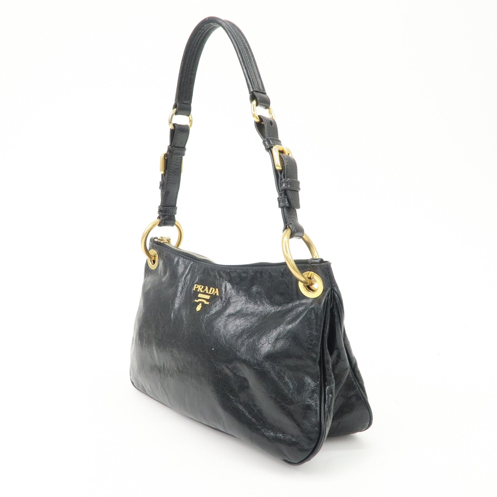 PRADA Logo Leather Shoulder Bag Hand Bag Gold Hardware Black