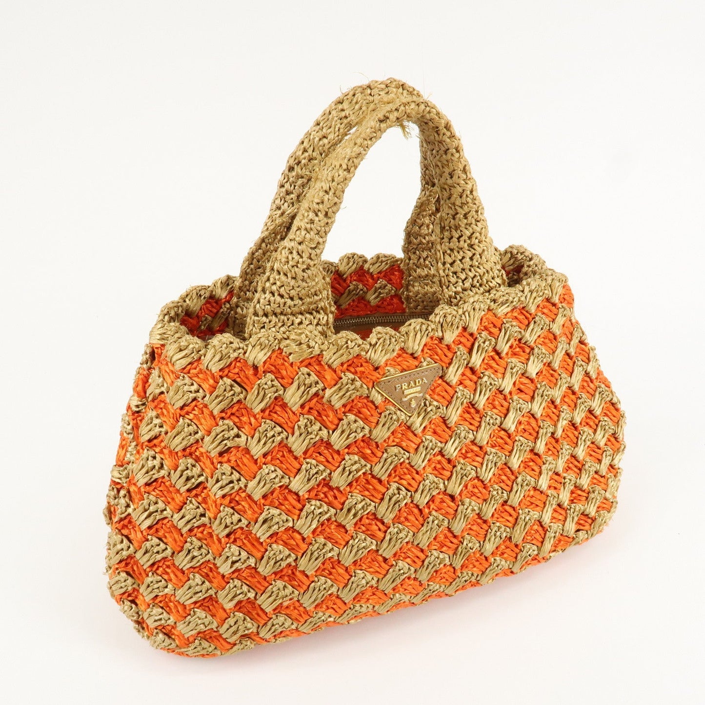 PRADA Triangl Logo Braded Tote Bag Hand Bag Orange Beige