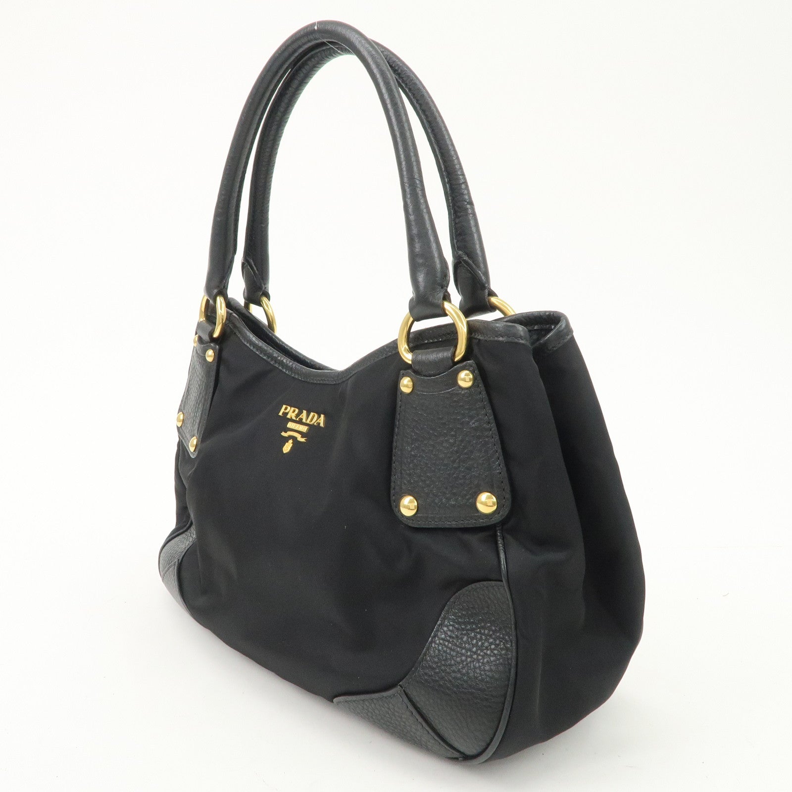 PRADA Nylon Leather Tote Bag Shoulder Bag Black Gold HDW BR4635