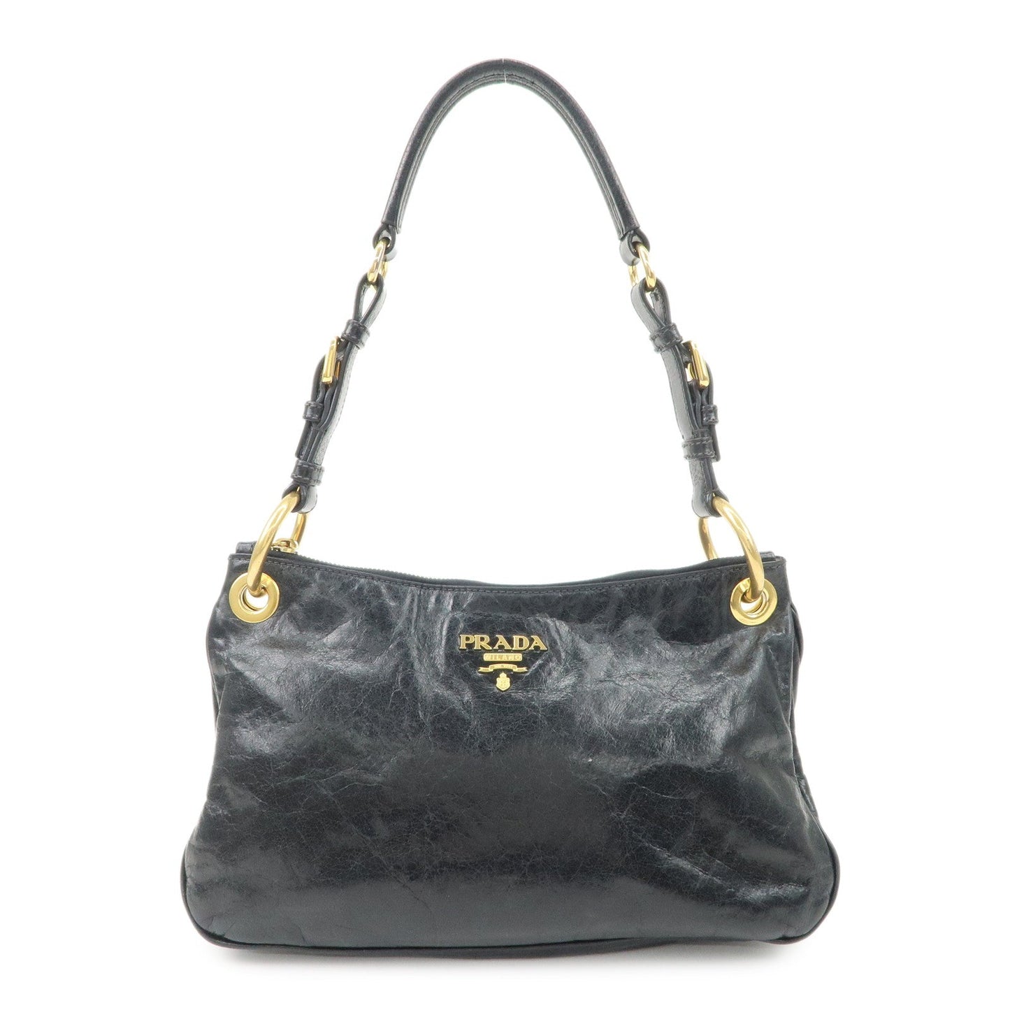 PRADA Logo Leather Shoulder Bag Hand Bag Gold Hardware Black