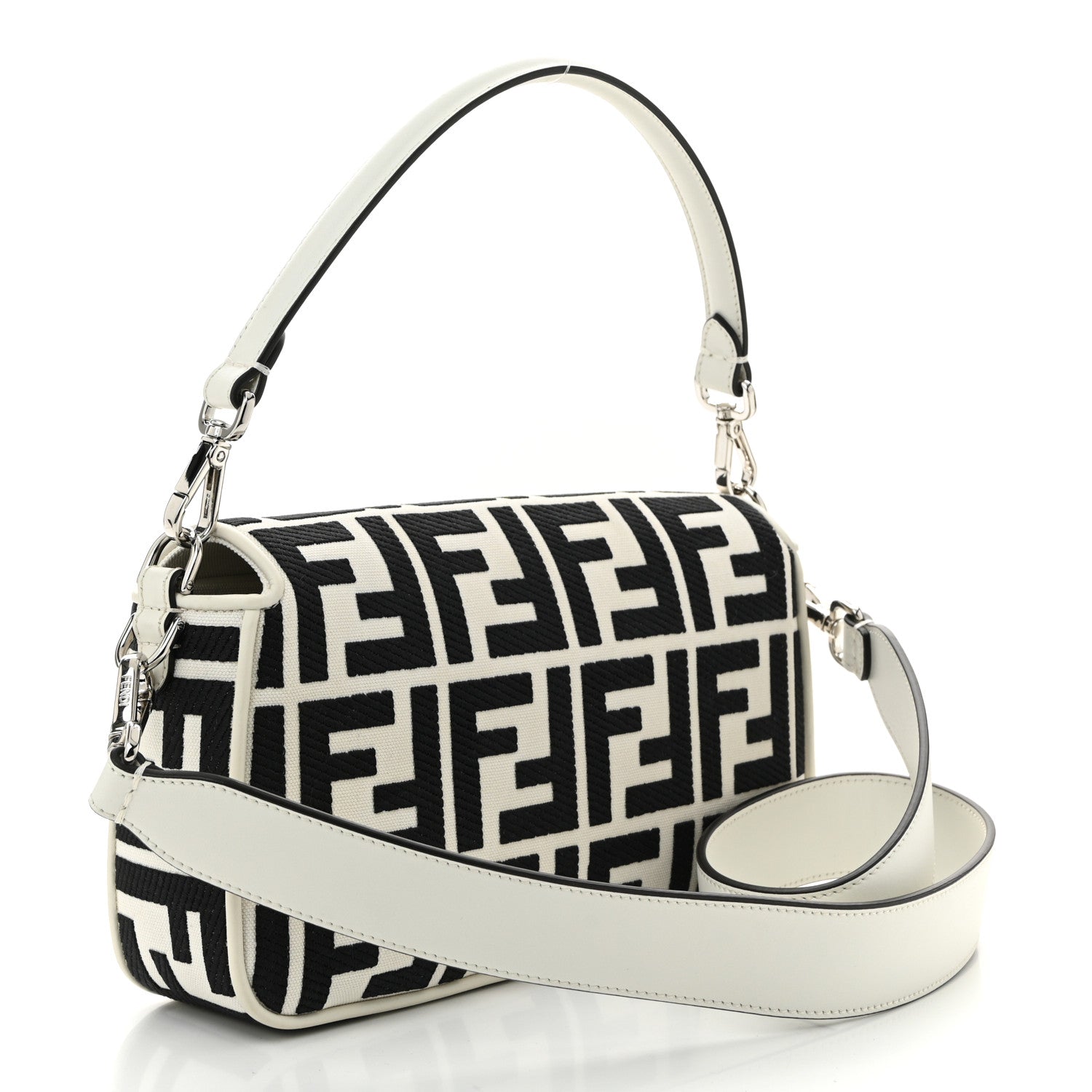 Fendi Canvas Vitello King FF Embroidered Baguette White Black