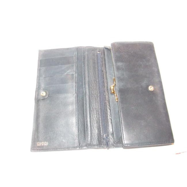 Gucci Navy Blue Leather With Gucci Logo Gold Horseshoe Continental Accent Wallet