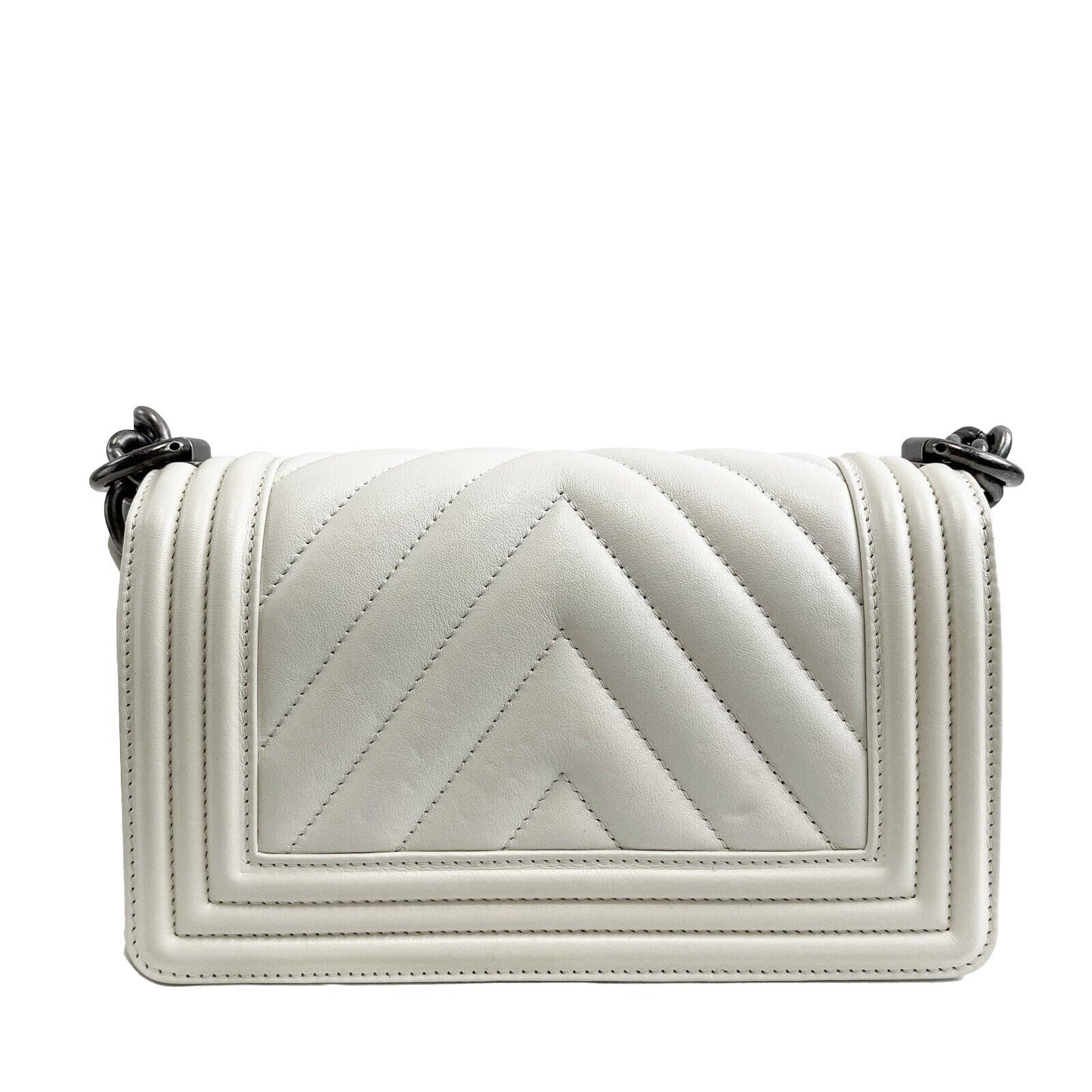 CHANEL Boy Flap Chevron Quilted White Shoulder Bag Mini