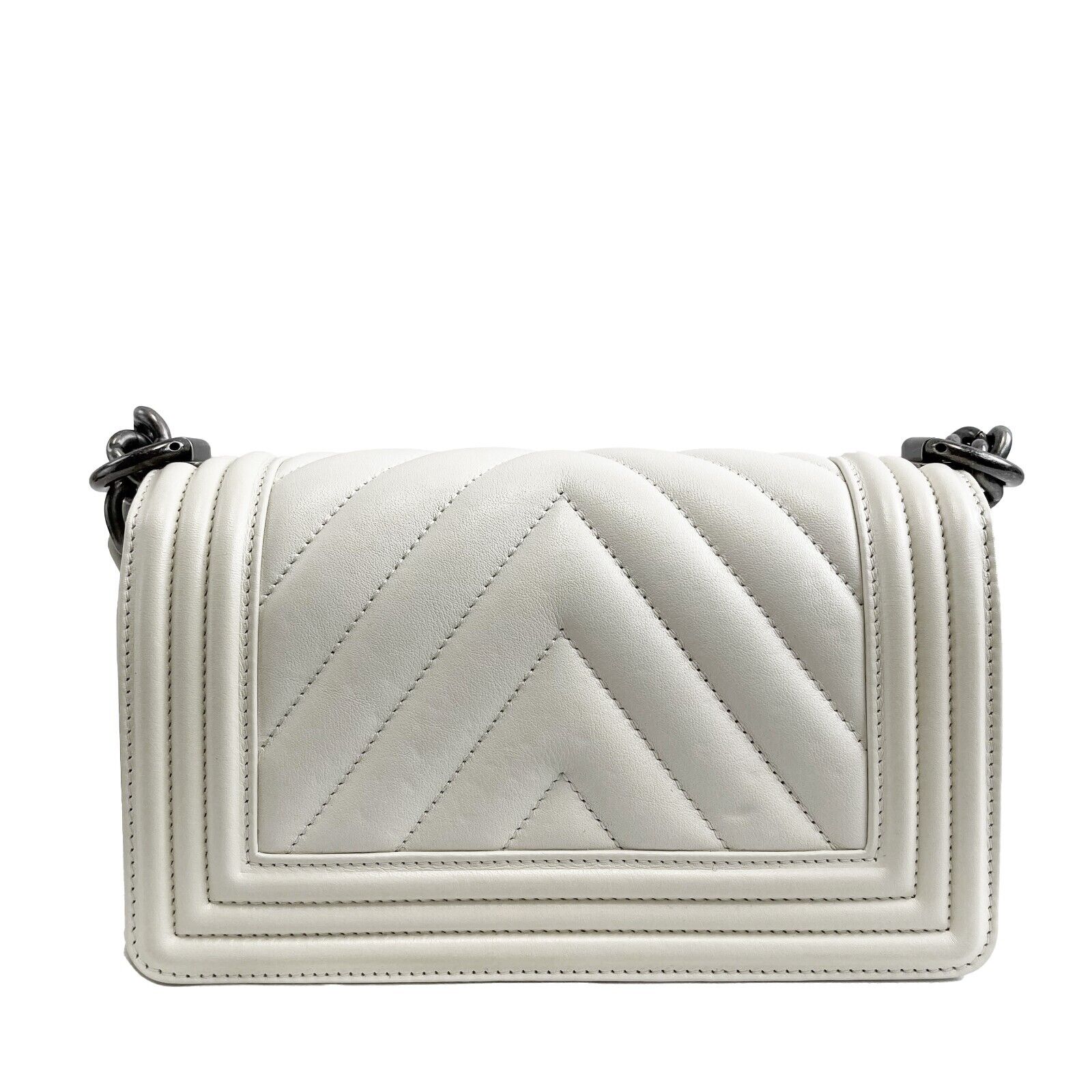 CHANEL Boy Flap Chevron Quilted White Shoulder Bag Mini