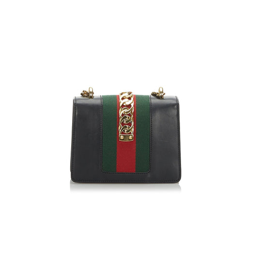 Gucci Black Leather Mini Web Chain Sylvie Shoulder Bag