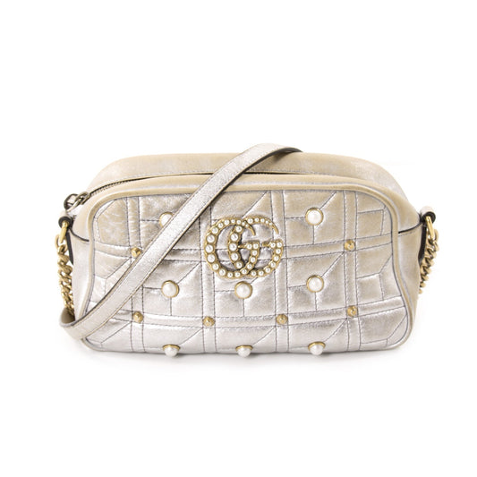 Gucci GG Marmont Silver Leather Metallic Shoulder Bag