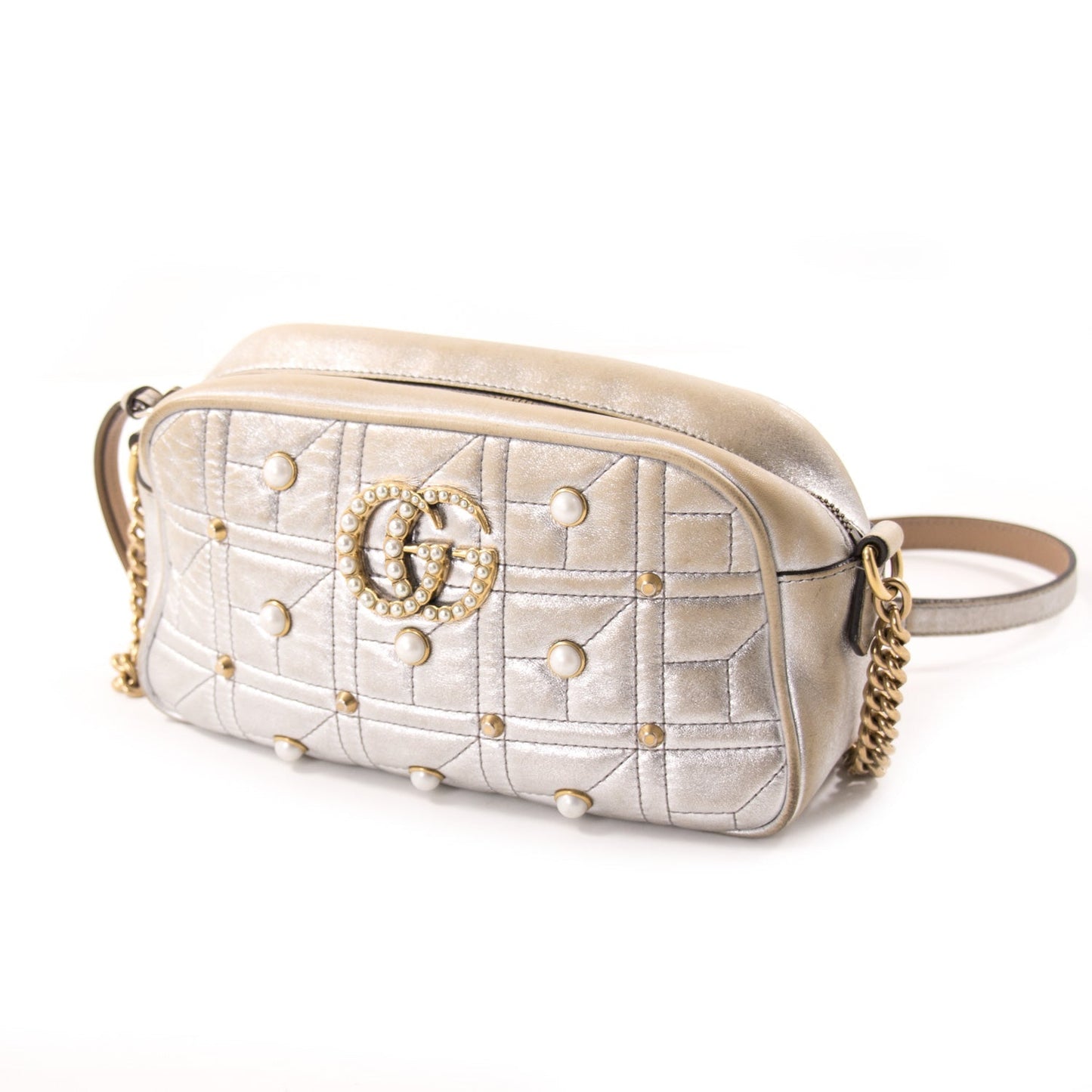 Gucci GG Marmont Silver Leather Metallic Shoulder Bag