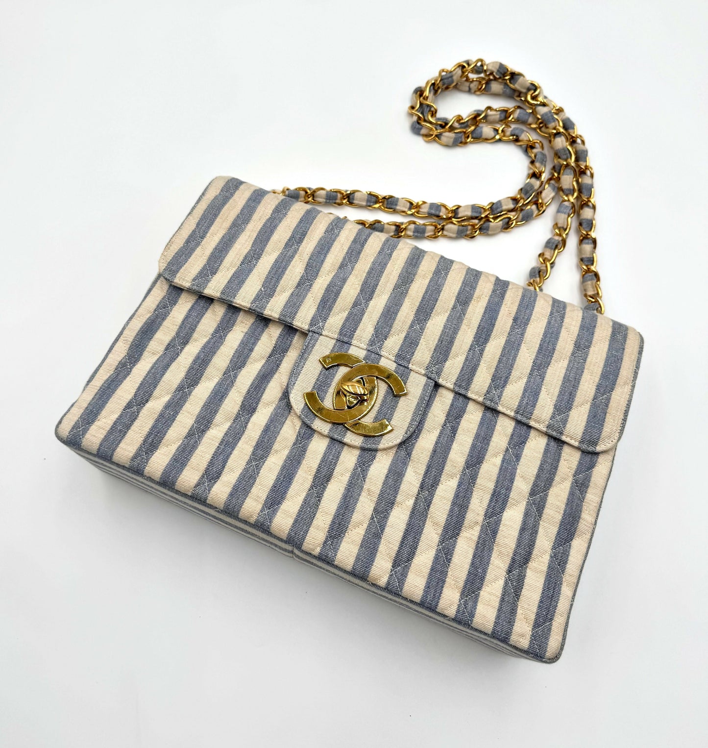 Chanel 1990s Jumbo Blue and White Striped Linen and Cotton Classic Flap Bag
