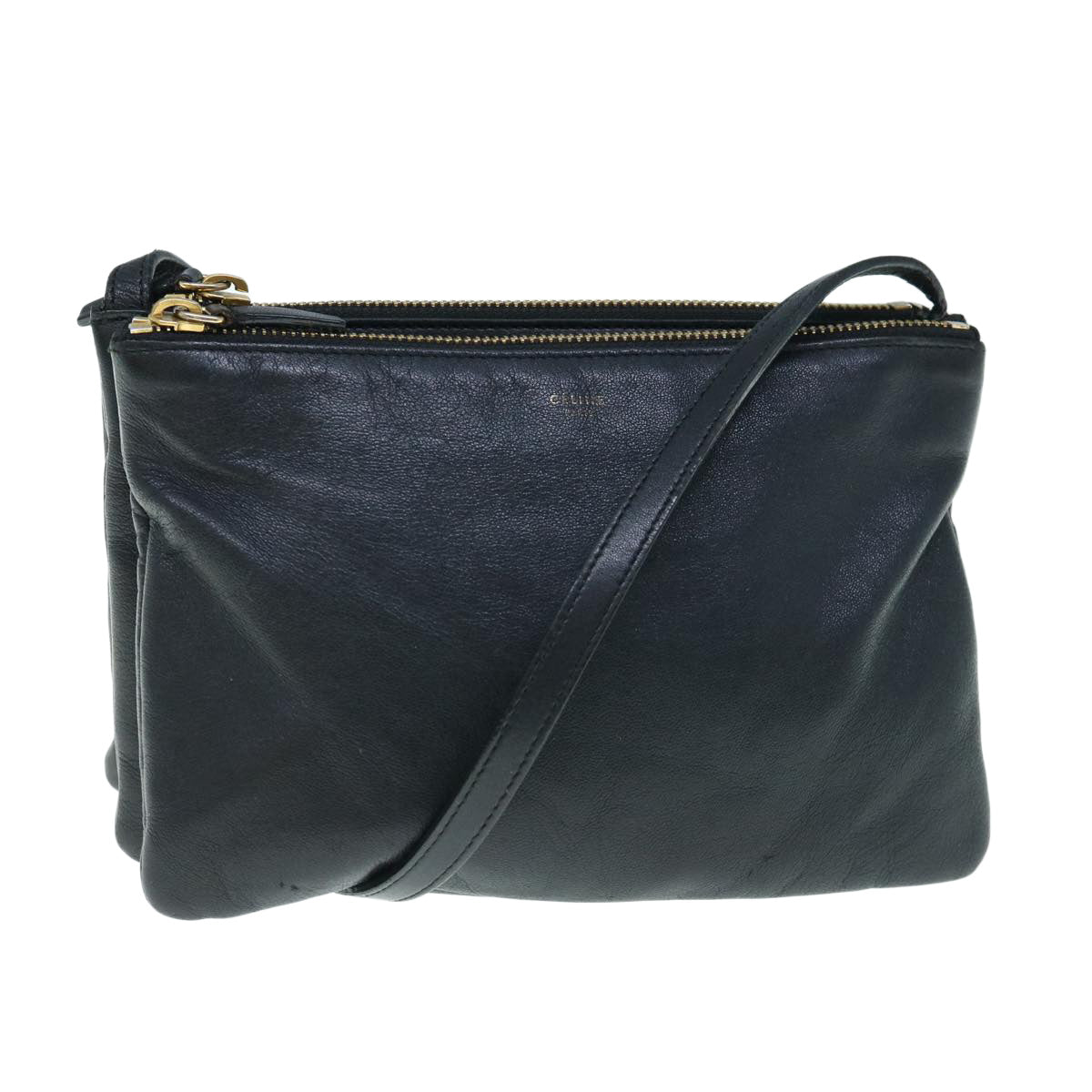 Luxury CELINE Trio Shoulder Bag Leather Black hk1006