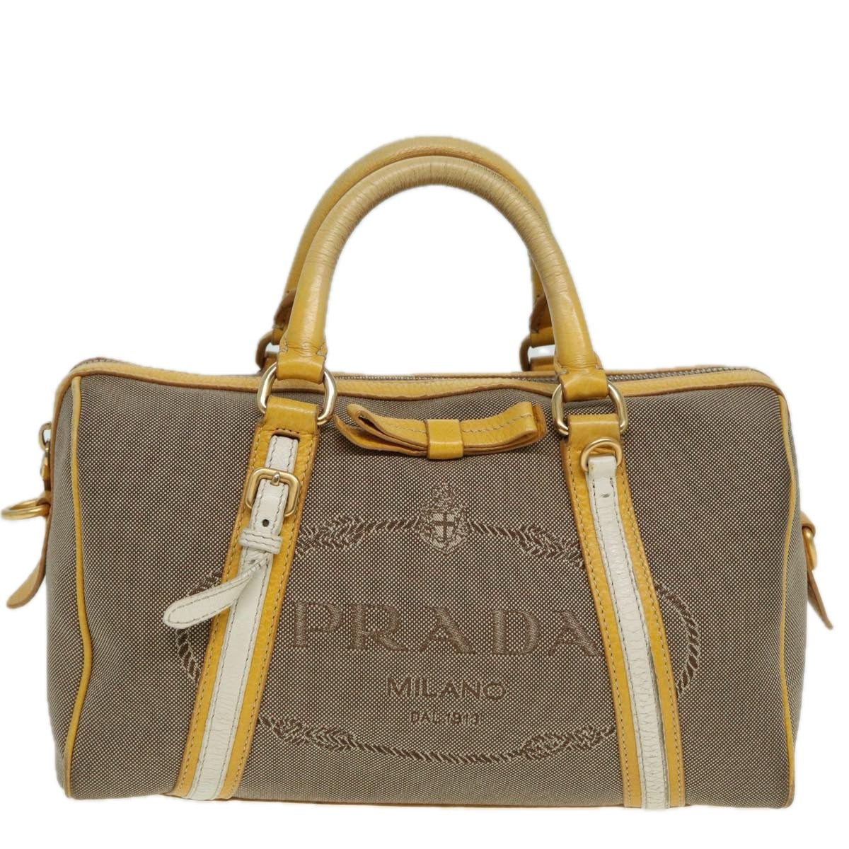 PRADA Hand Bag Canvas Beige Yellow Auth