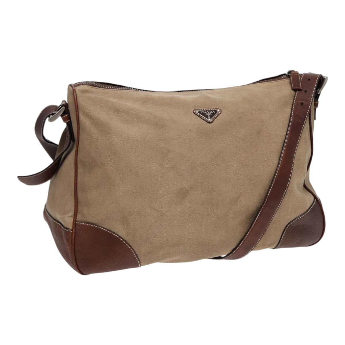 PRADA Shoulder Bag Canvas Leather Beige Brown Silver Auth
