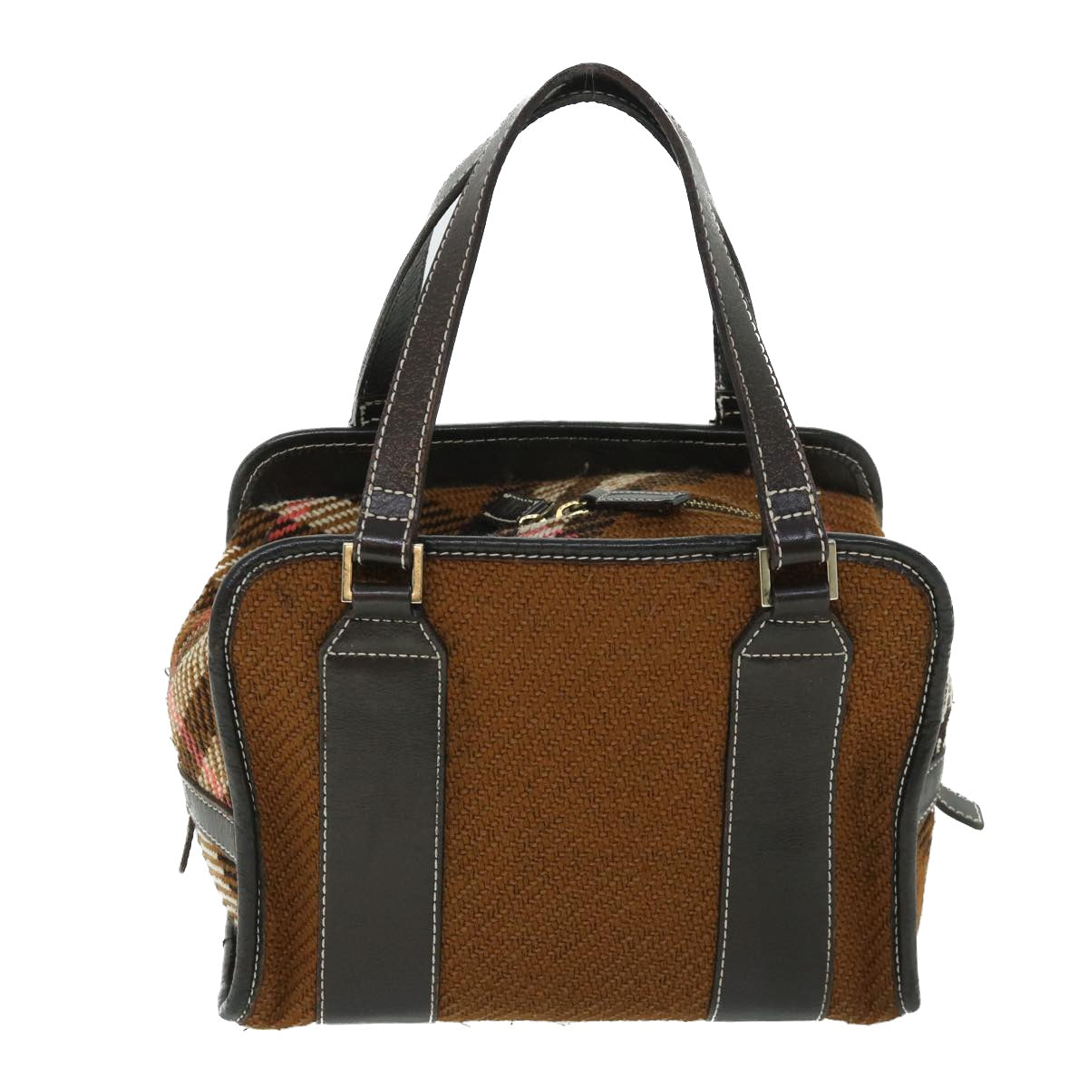 BURBERRY Blue Label Hand Bag Wool Leather Brown Auth hk844