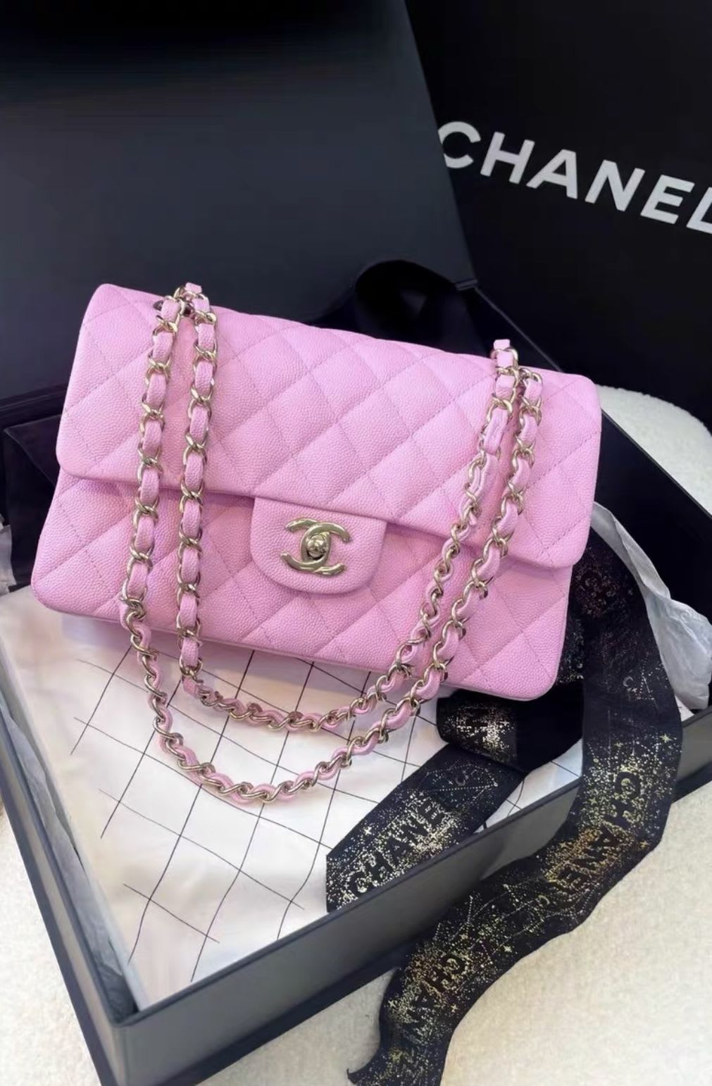 Chanel pink lychee leather small cf chain bag