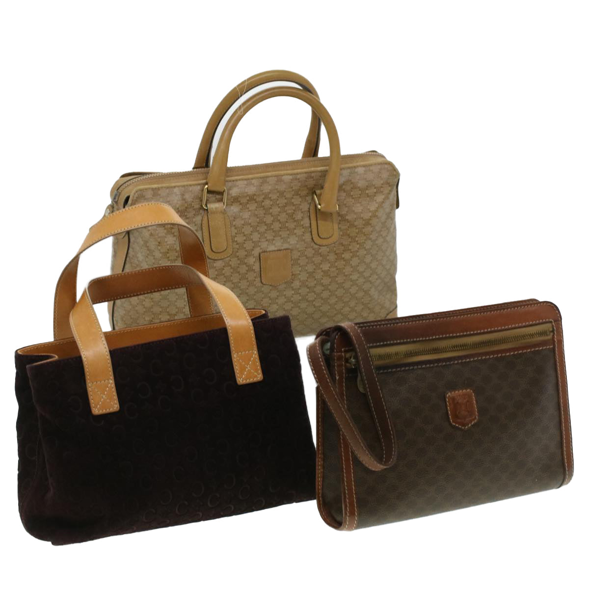 Luxury CELINE Macadam Canvas Clutch Hand Bag PVC Leather 3Set Brown purple im395