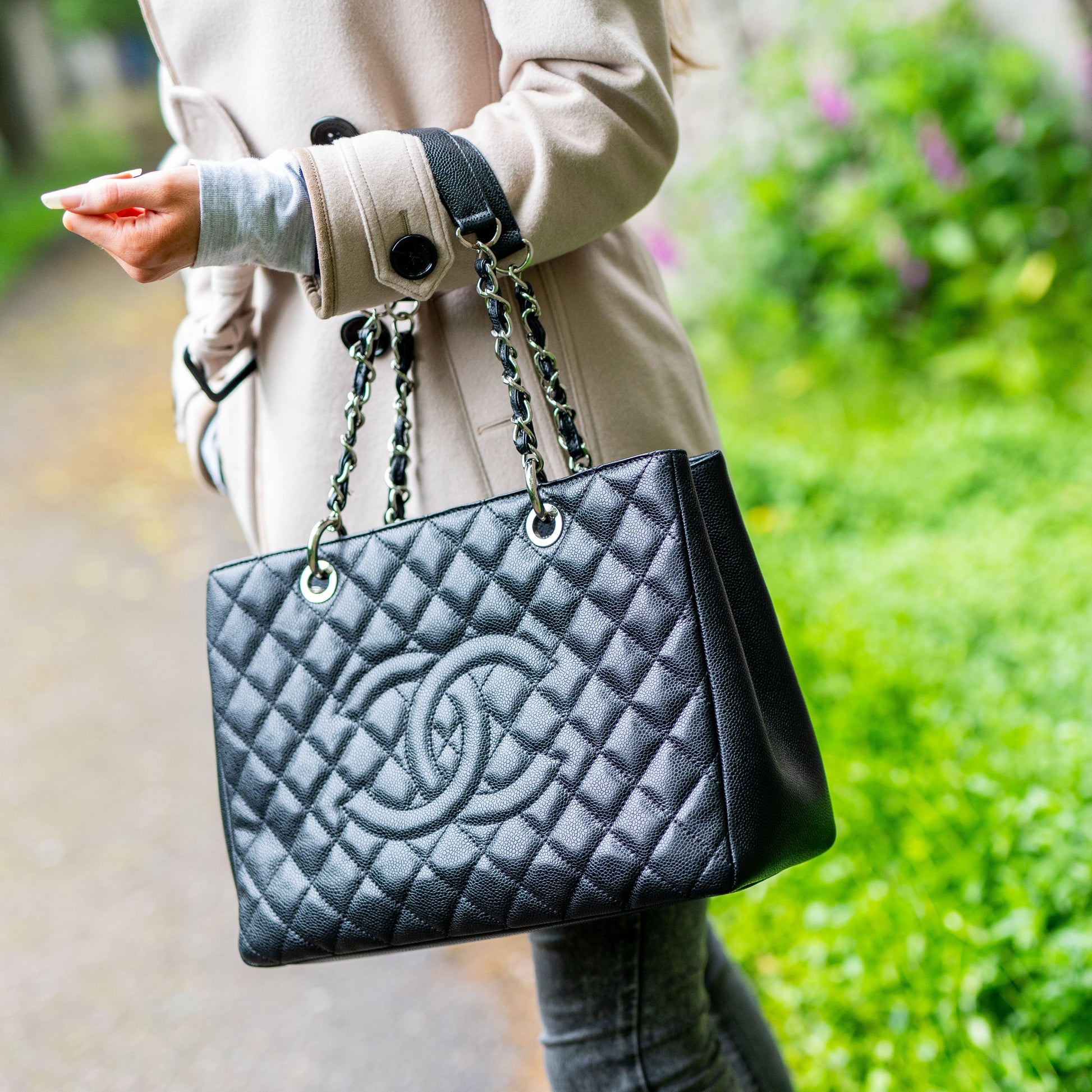 Chanel Beige Caviar Grand Shopper Tote with gold hardware