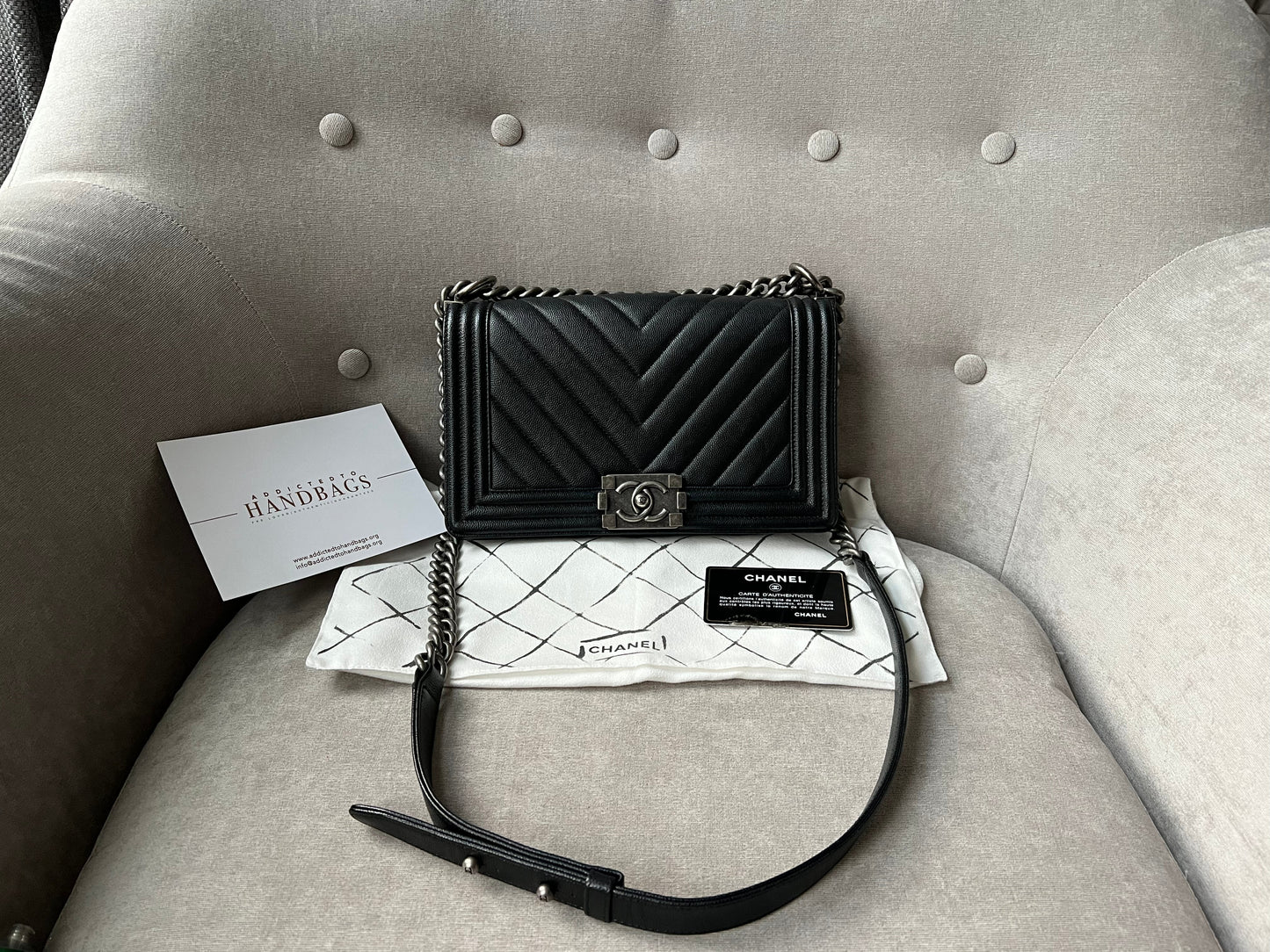 Chanel Black Caviar Chevron Medium Boy Bag