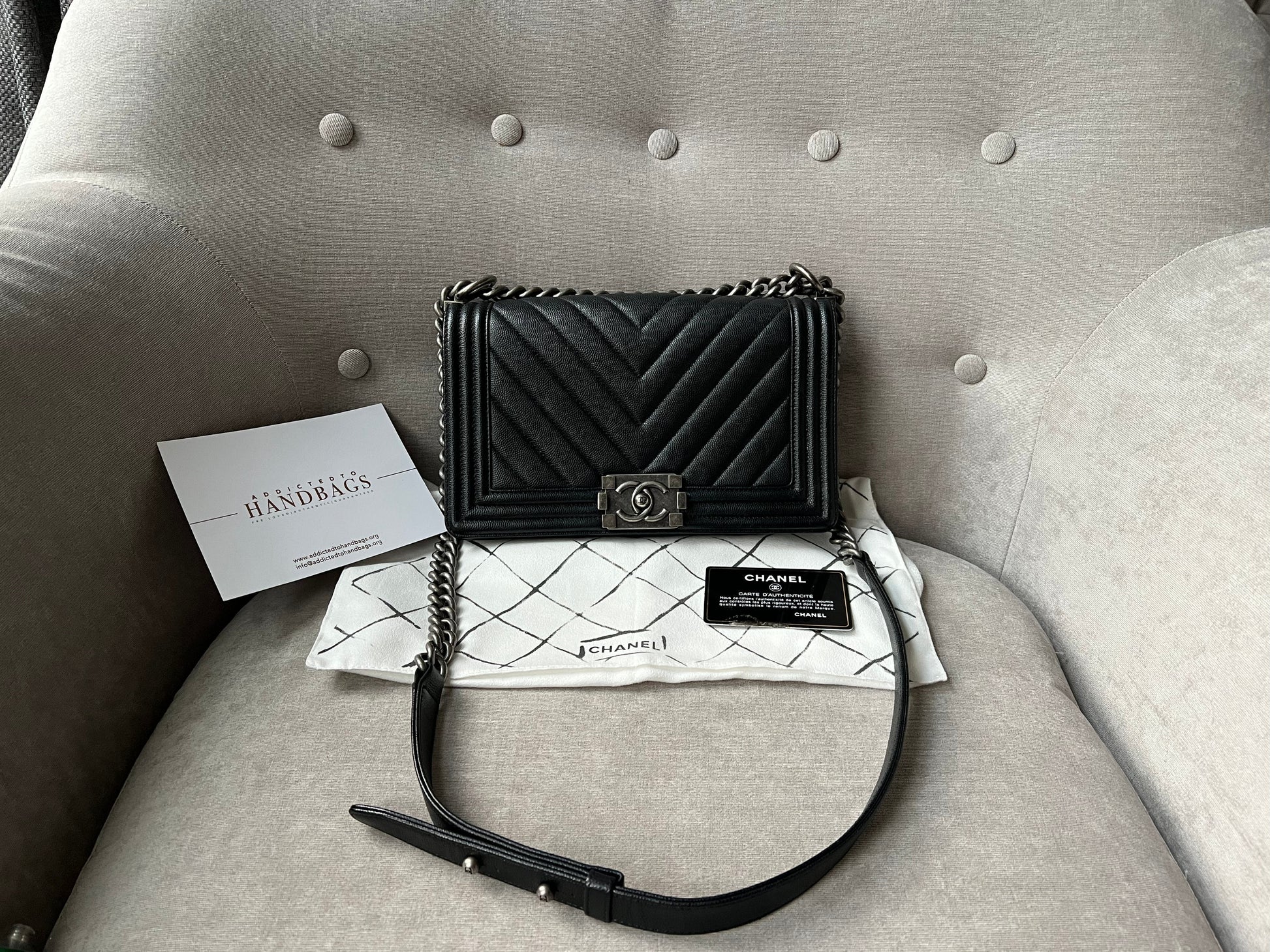 Chanel Black Caviar Chevron Medium Boy Bag