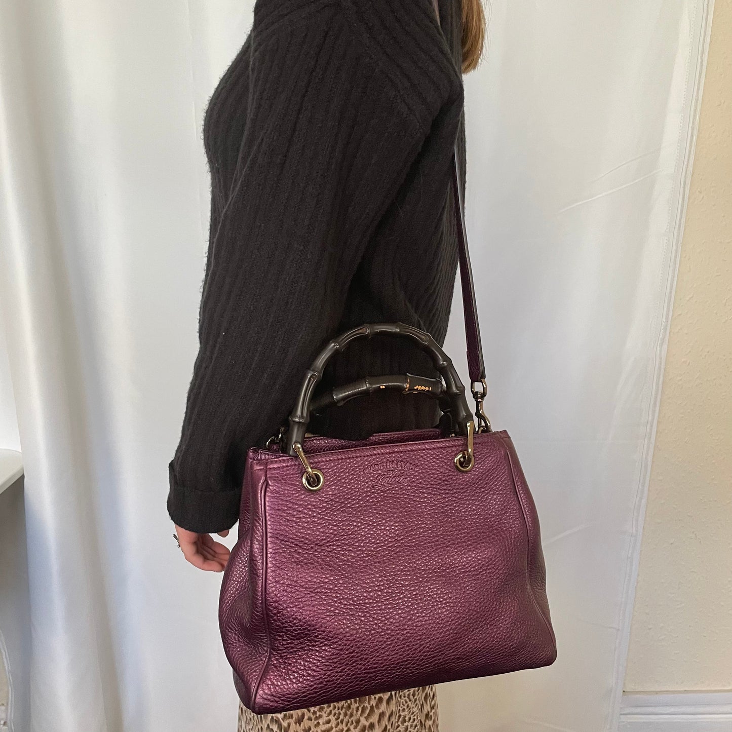 Gucci Bamboo Purple Leather Metallic Tote