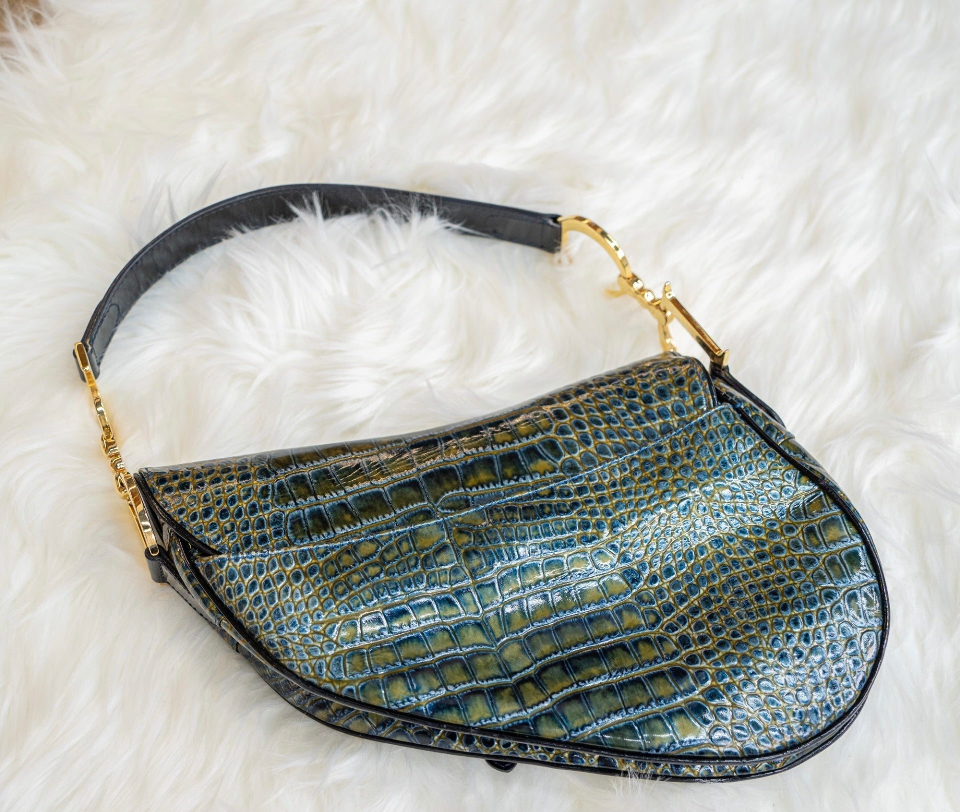 Dior Saddle Green Medium Crocodile embossed Leather Handbag