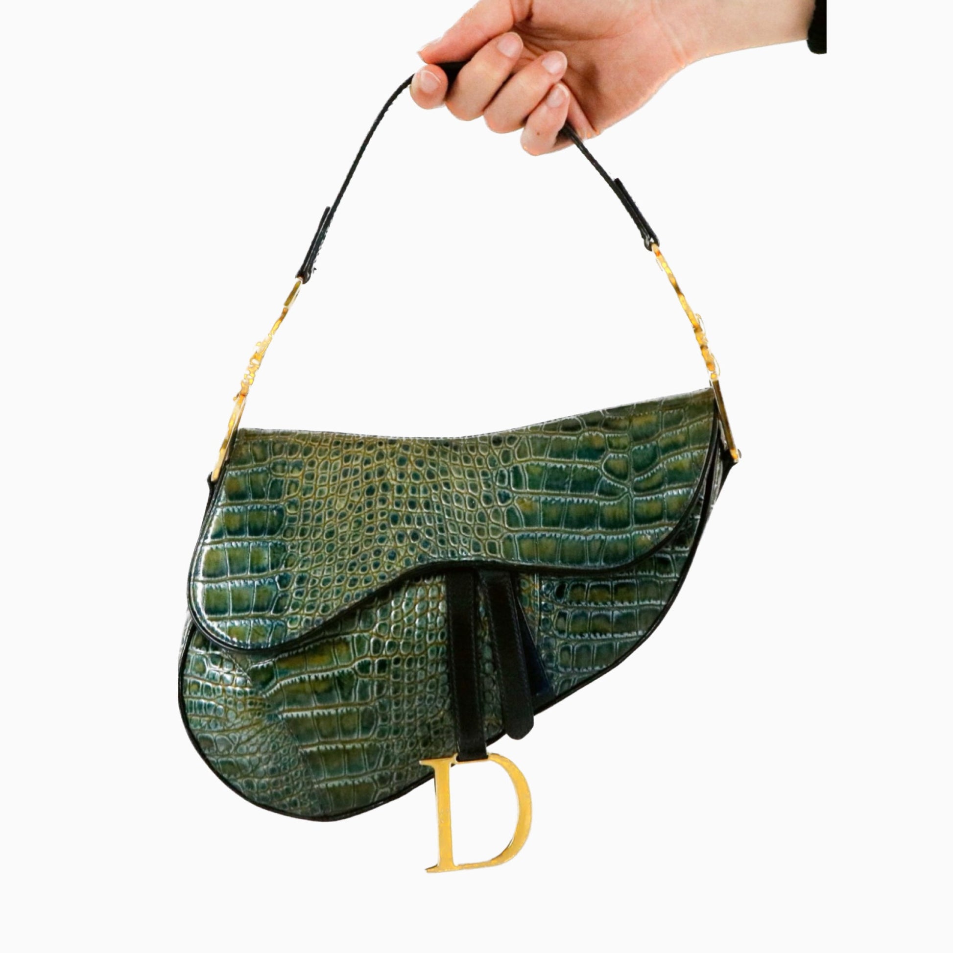 Dior Saddle Green Medium Crocodile embossed Leather Handbag