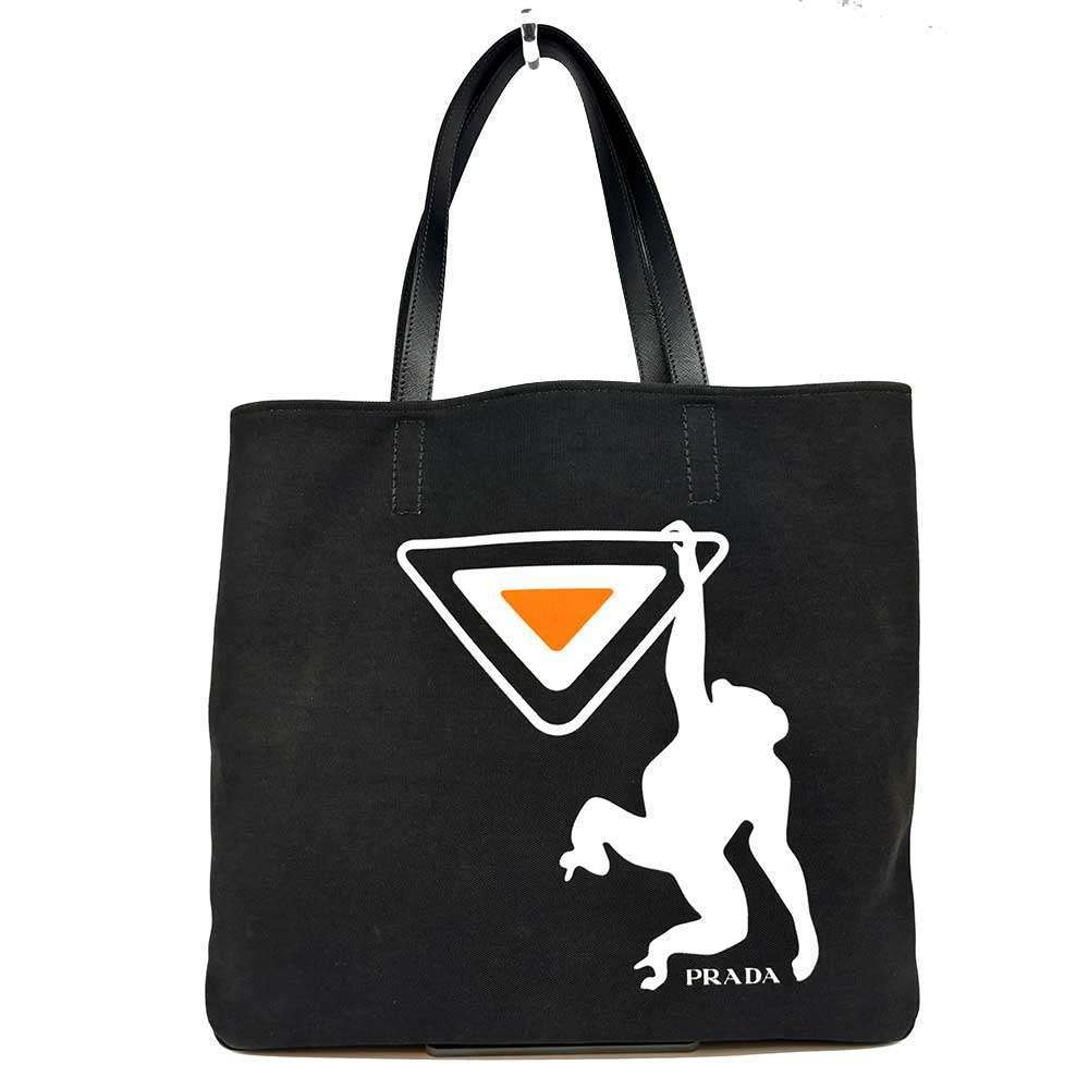 Prada Monkey Logo Canvas Tote Bag Black