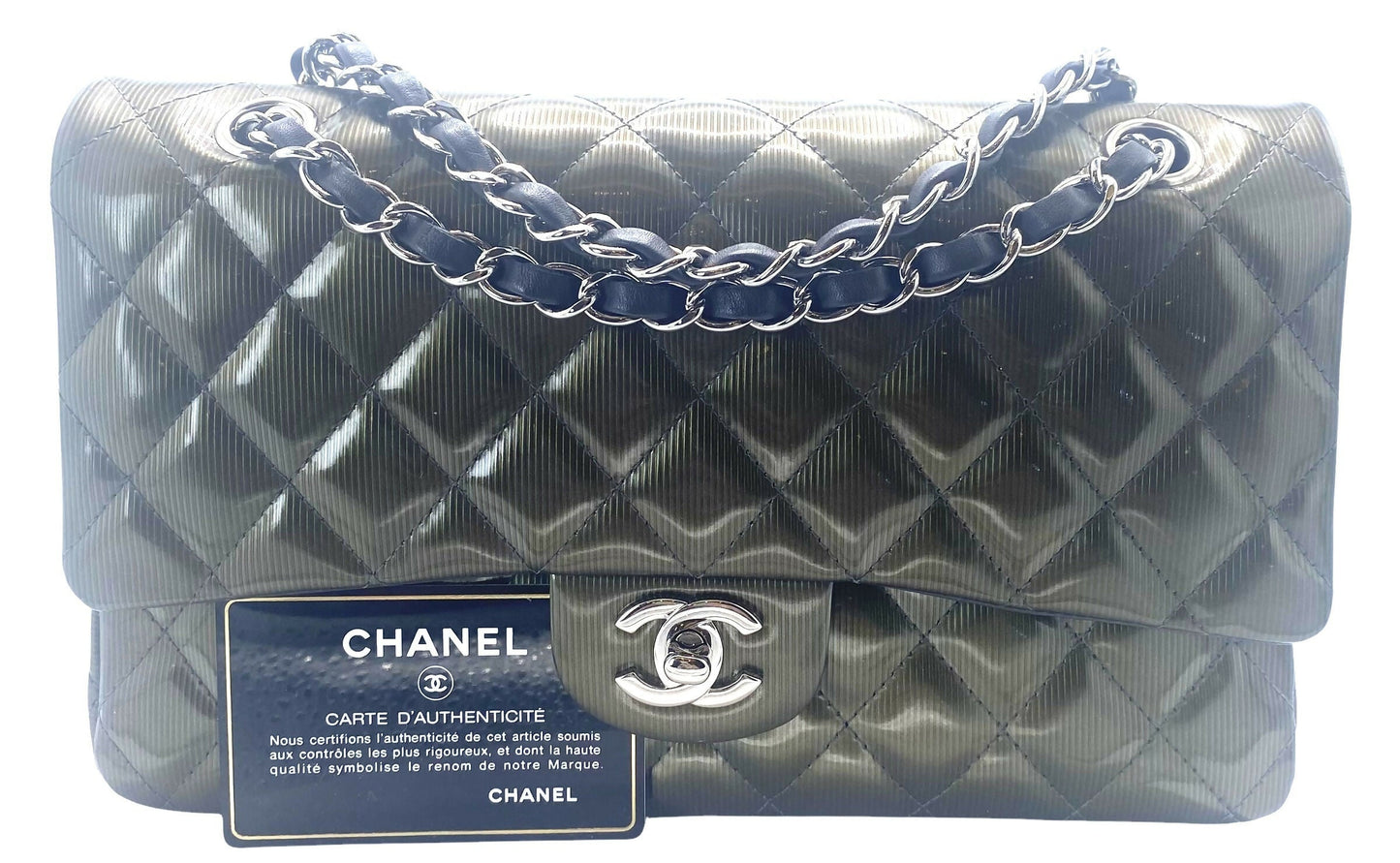 Chanel Medium Dark Green Straited Patent Leather Double Flap Timeless Classic Bag SHW