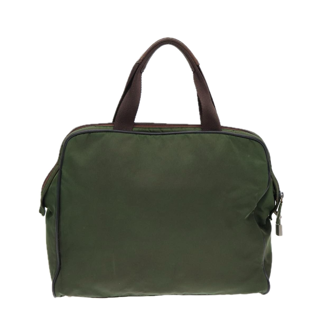 PRADA Hand Bag Nylon Khaki Brown Silver Auth