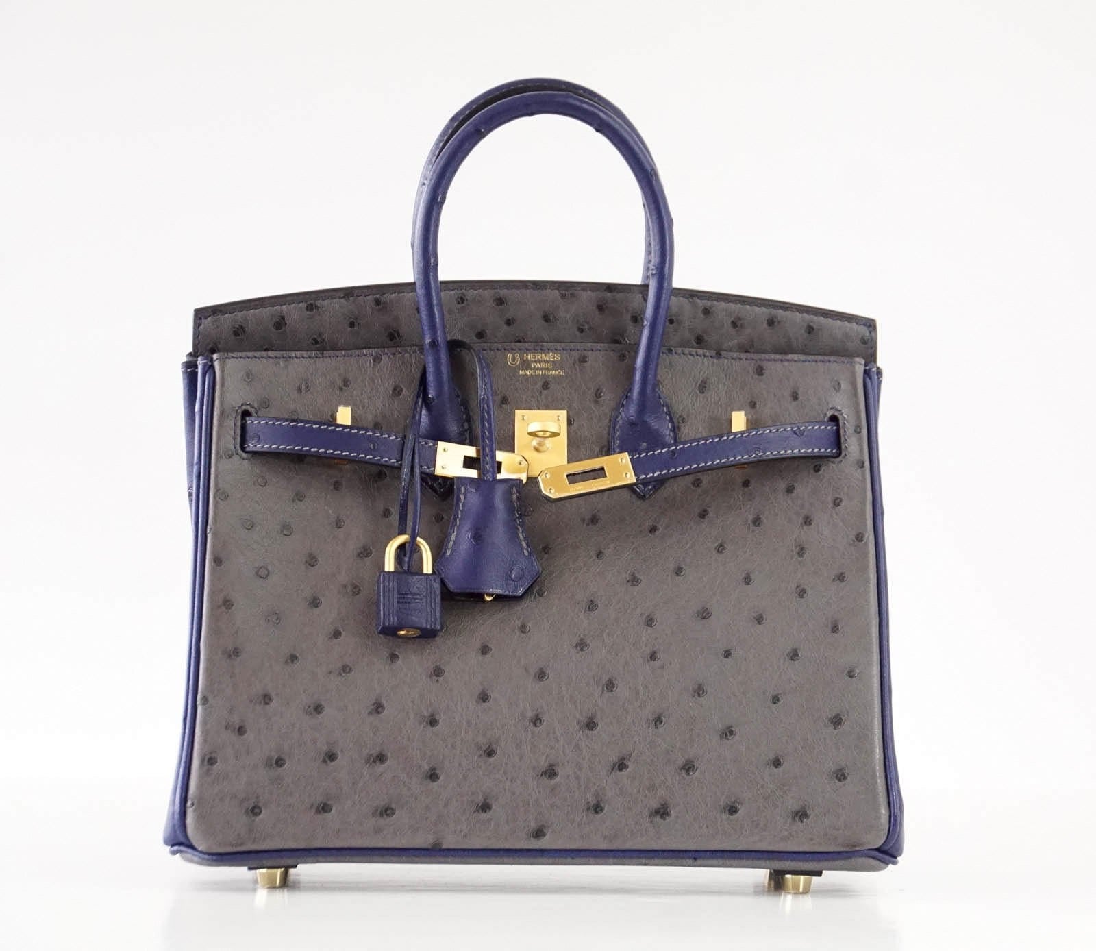Hermes Birkin 25 Bag HSS Ostrich Gris Agate/ Blue Sapphire Brushed Gold