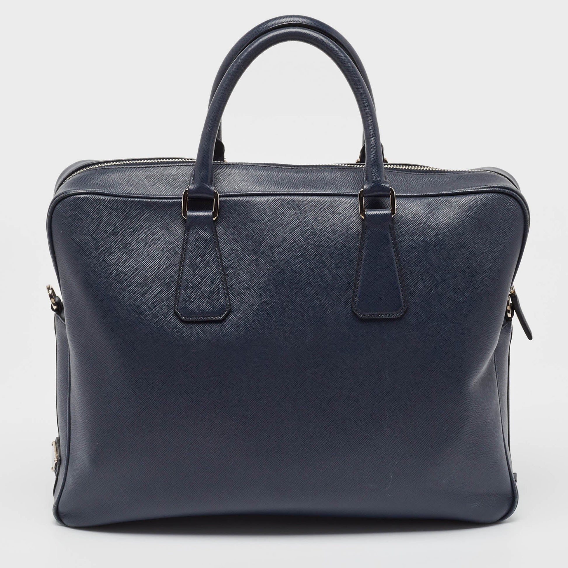 PRADA Navy Blue Saffiano Leather Two Way Travel Briefcase Luxury Handbag