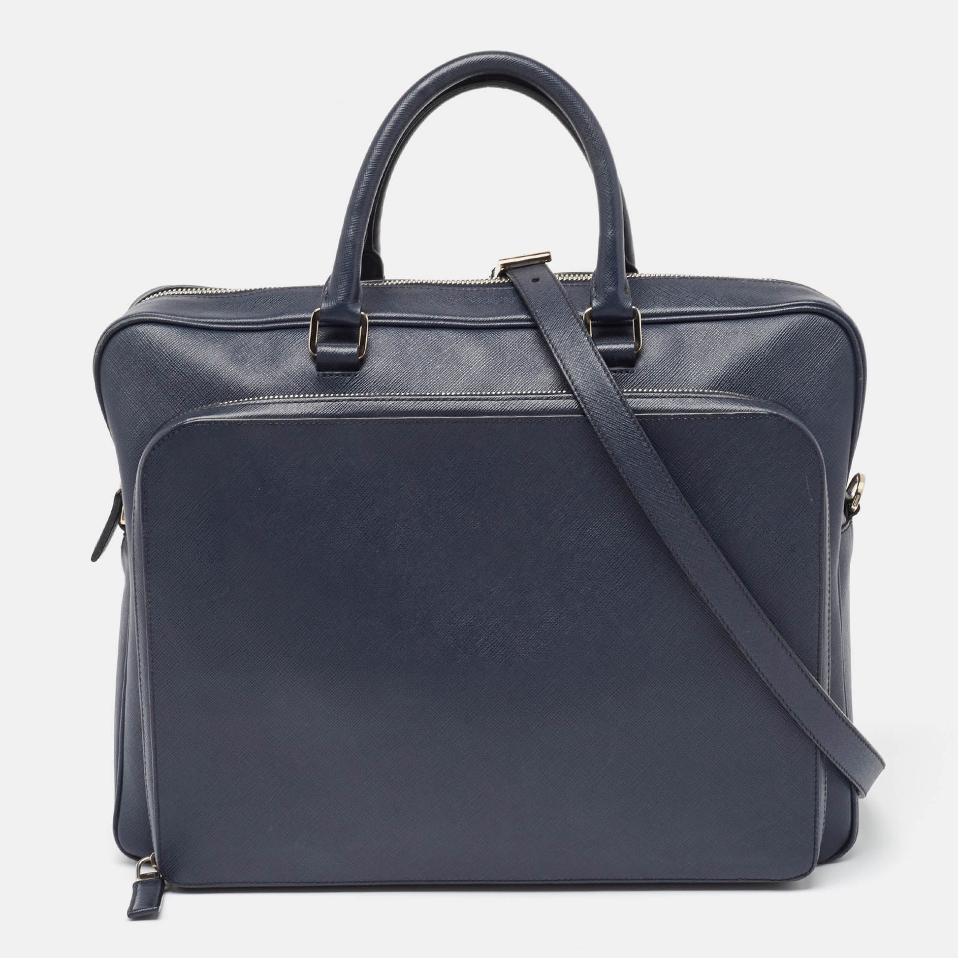PRADA Navy Blue Saffiano Leather Two Way Travel Briefcase Luxury Handbag