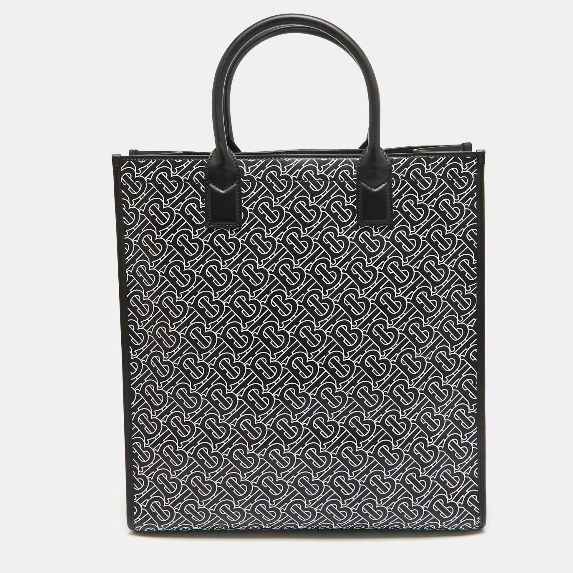 BURBERRY Black/White TB Logo Leather Vertical Danny Tote