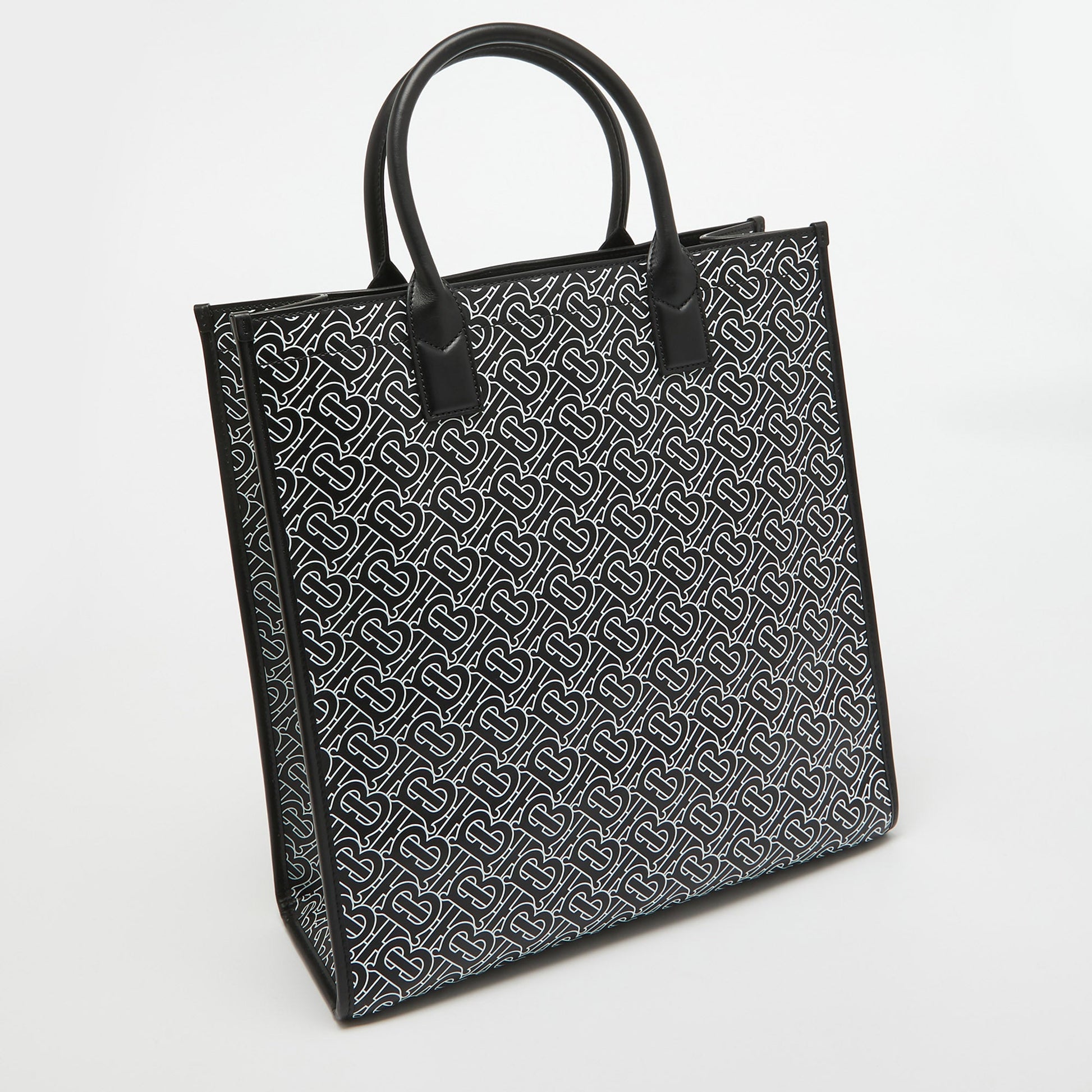 BURBERRY Black/White TB Logo Leather Vertical Danny Tote