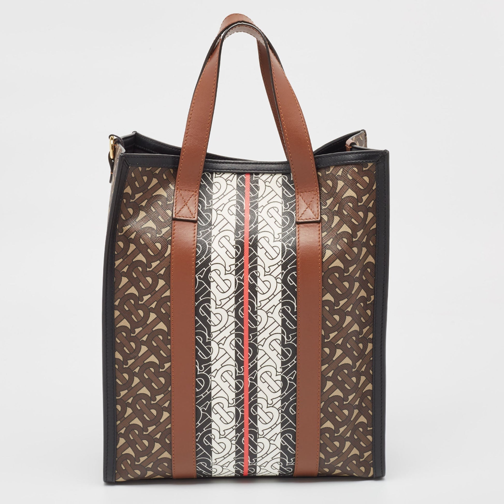BURBERRY Black/Brown TB Monogram Coated Canvas and Leather Stripe Portrait Tote