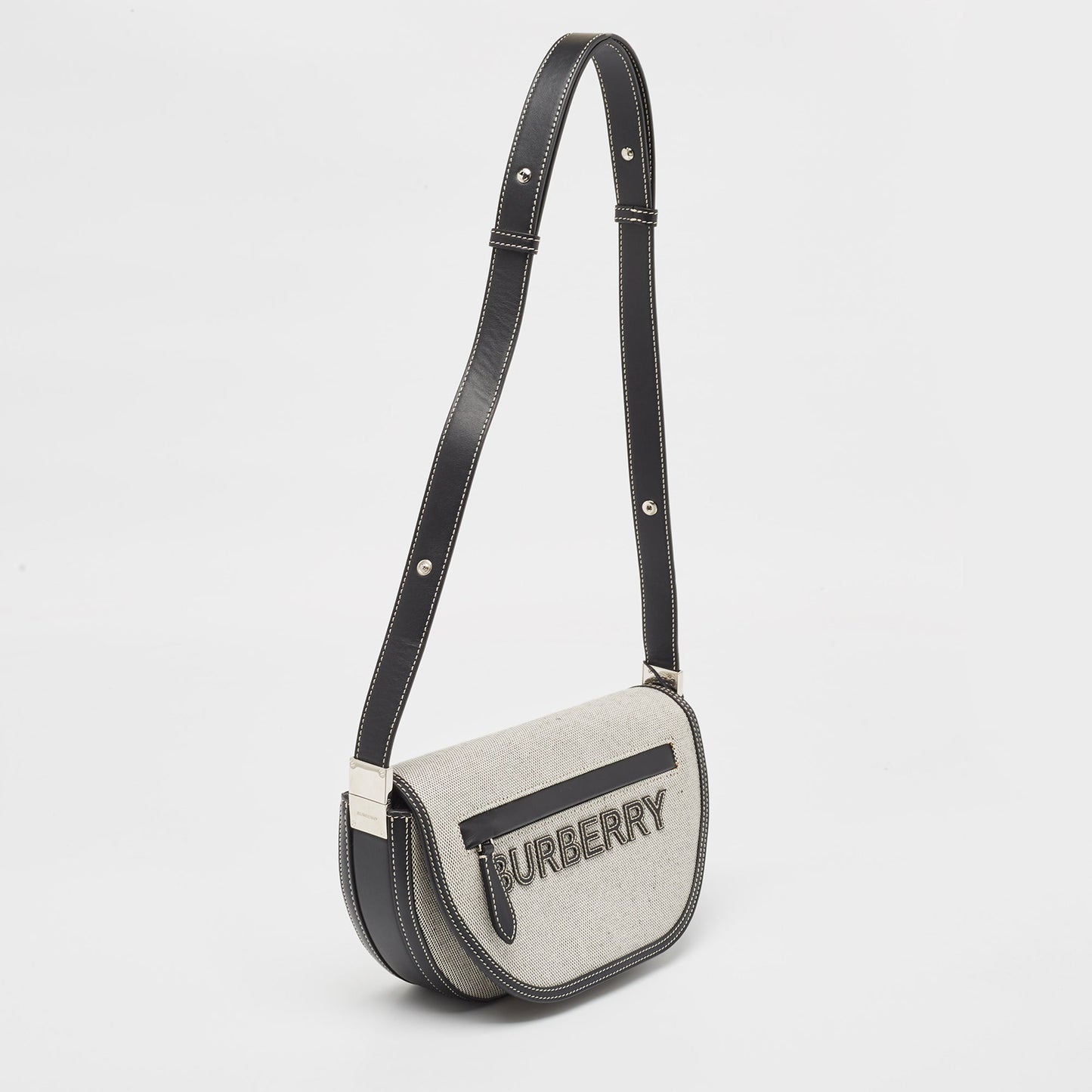 BURBERRY Black/White Canvas and Leather Small Olympia Shoulder Bag