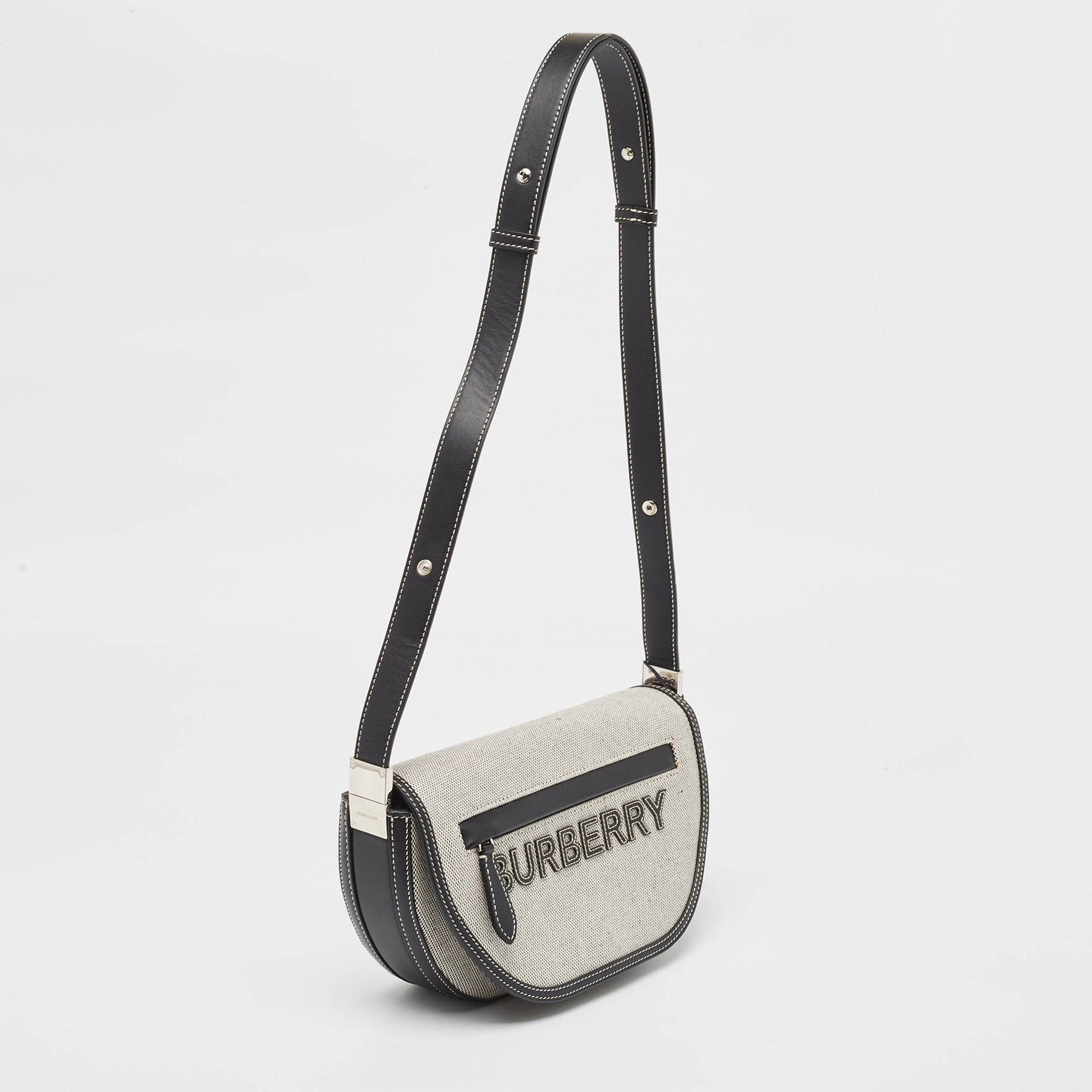 BURBERRY Black/White Canvas and Leather Small Olympia Shoulder Bag
