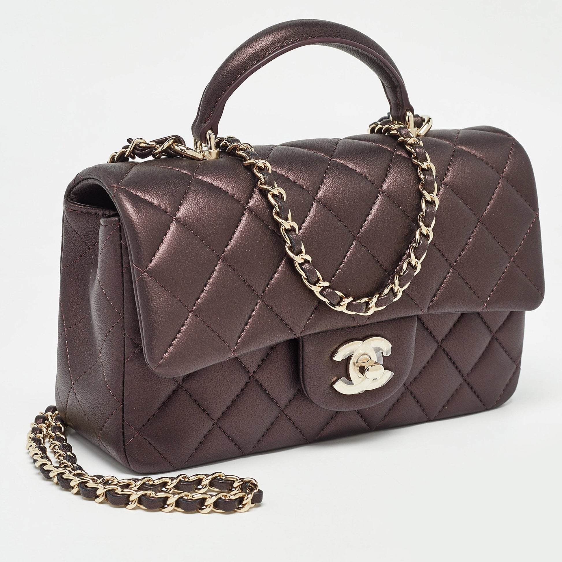 CHANEL Burgundy Iridescent Quilted Leather Mini Rectangular Flap Top Handle Bag
