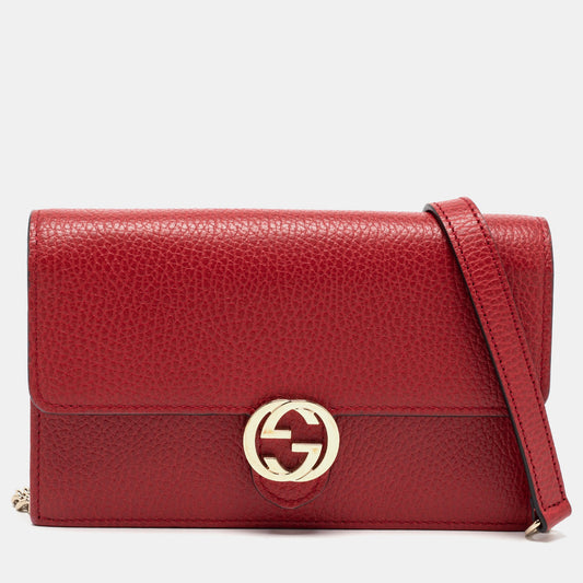 Gucci Interlocking G Red Leather Chain Clutch