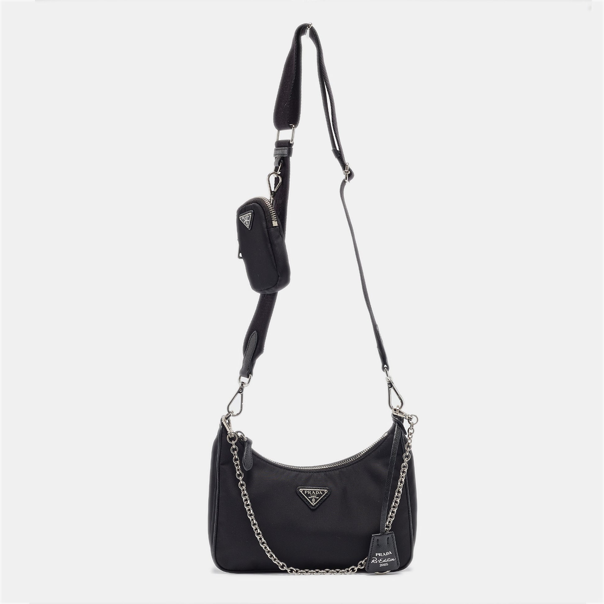 PRADA Black Nylon and Saffiano Leather Re-Edition Baguette Bag