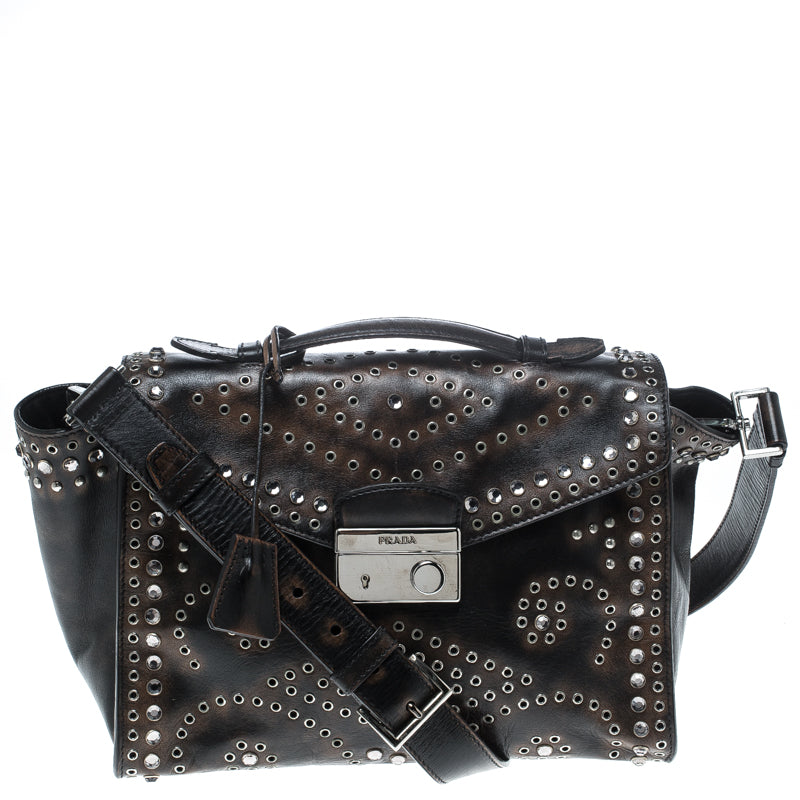 Prada Dark Brown Vitello Leather Eyelet Crystal Embellished Top Handle Bag