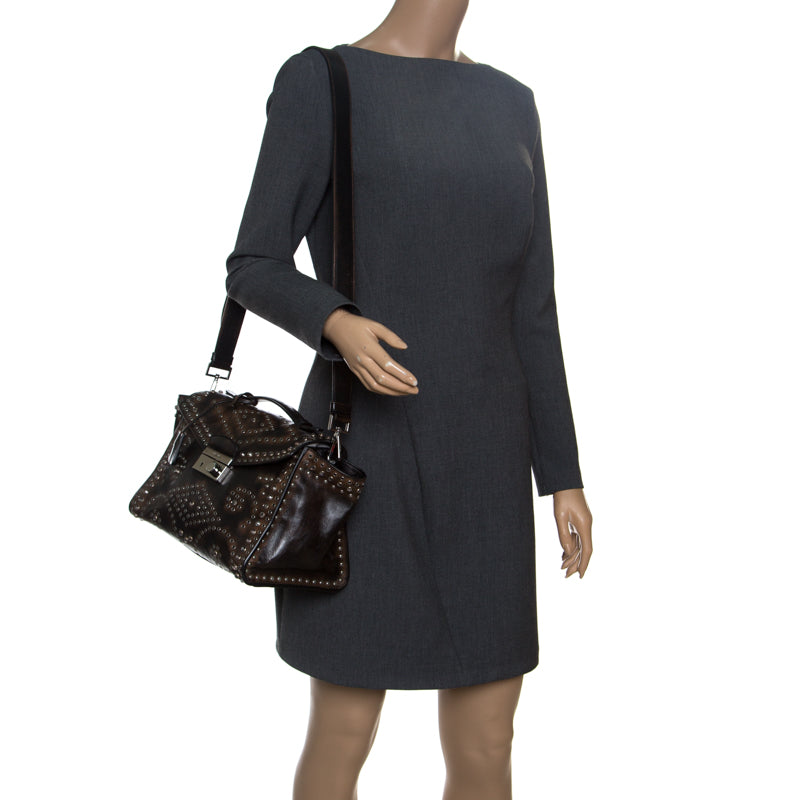 Prada Dark Brown Vitello Leather Eyelet Crystal Embellished Top Handle Bag