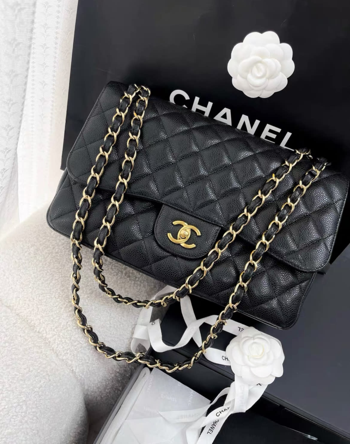 Chanel black lychee leather CF large jumbo chain bag
