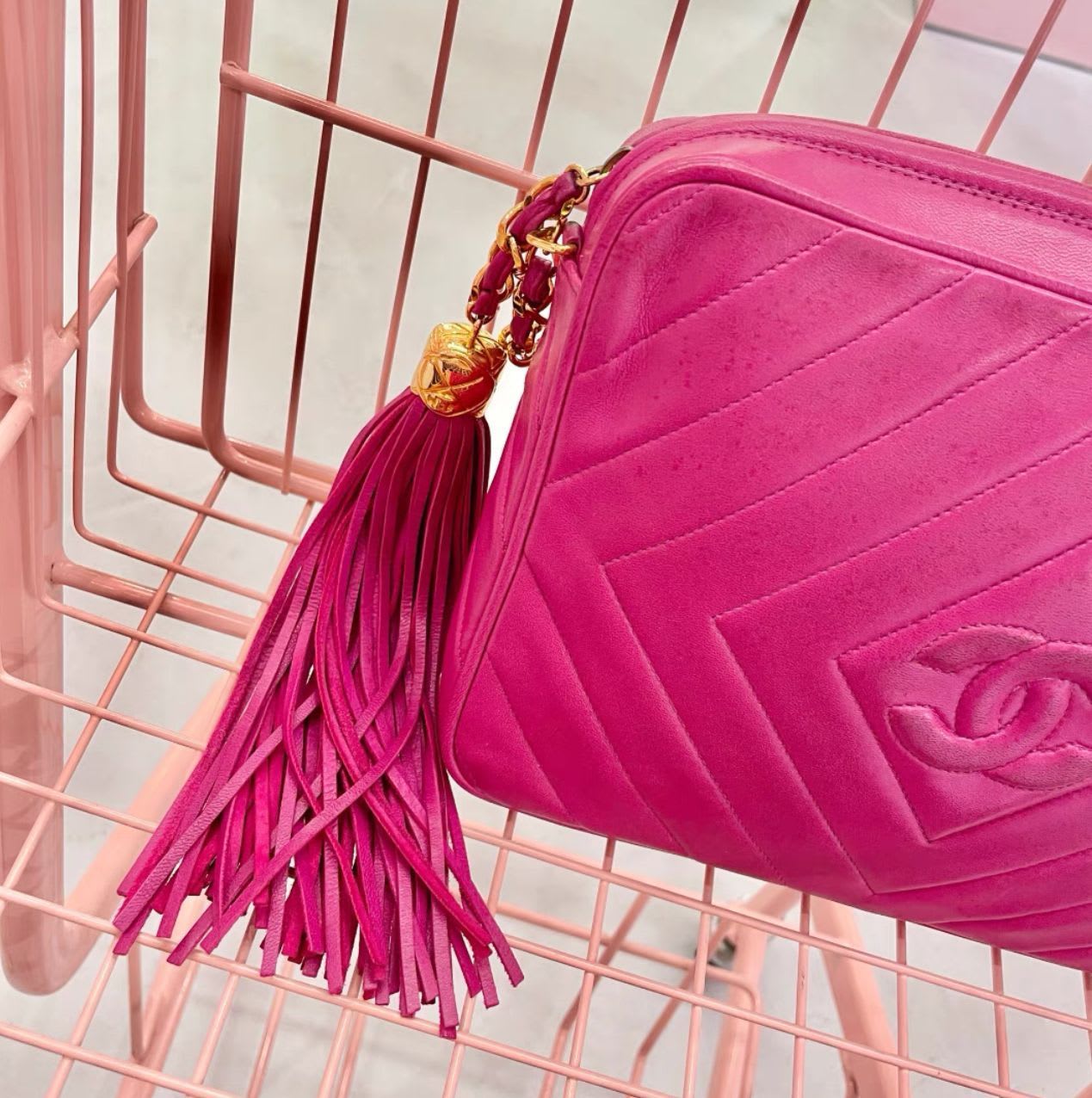 Chanel rose red lambskin tassel bag