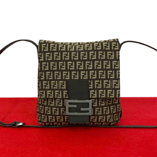 Fendi Zucchino Canvas Leather Shoulder Bag